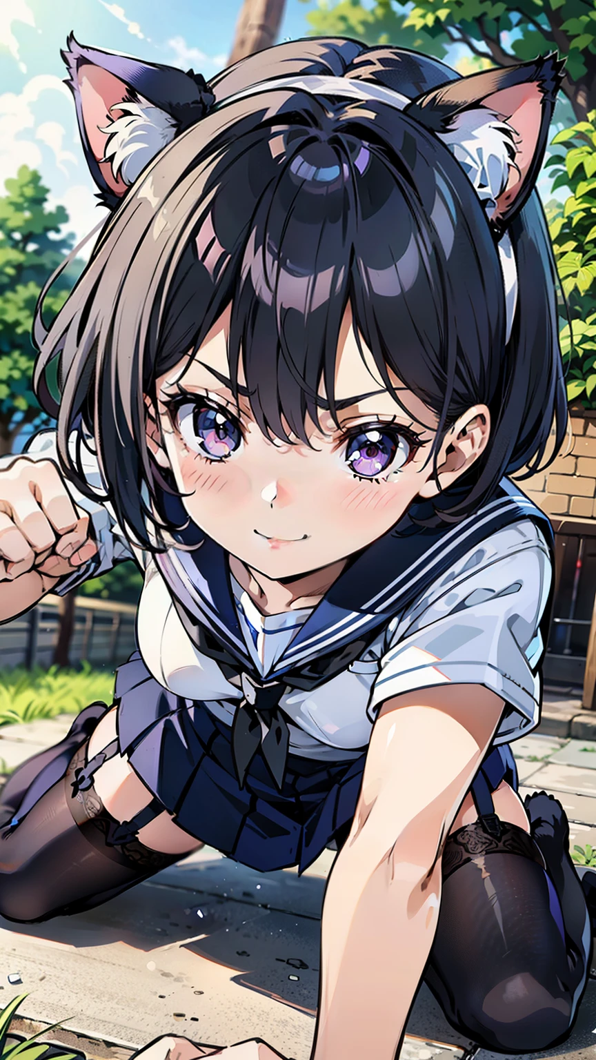 sailor uniform, One Woman, (A beauty woman, Delicate high school girl:1.3), 8K, highest quality, masterpiece, Very detailed, Ultra-high resolution, Realistic, RAW Photos, Absolute Resolution, Black Hair, Bobcut, Small face compared to body, Very small face, Black Hair, ((Navy blue sailor suit)), Navy Blue Skirt, High school girl in sailor suit, 2D Rendering of Anime, Realistic若いアニメの女子高生, , ((White headband)), Small breasts, tall, Slanted Eyes, Purple Eyes, Black Stockings, garter belt, Embarrassed smile, garden, (Do a cat punch:1.3), (Top-down position:1.3), blurry background,