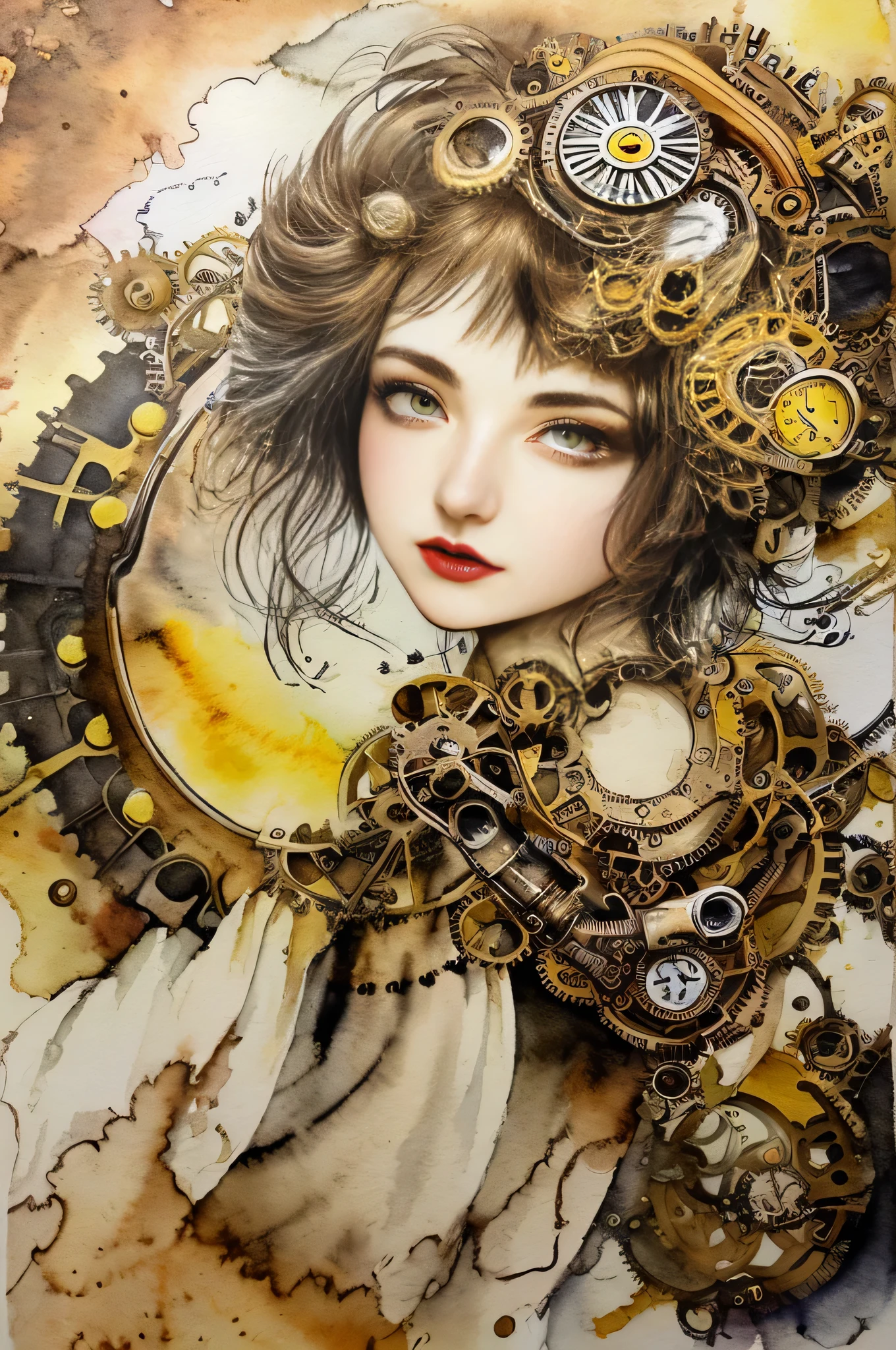 beautiful girl、((Abstract Steampunk Woman)), Wearing a robe of magical light、 yellow、 crazy watercolor painting on black canvas, become close, A delicate touch, A true masterpiece watercolor painting, habbuki、masterpiece、highest quality、Excited、anger、announce a big victory、Detailed Description、