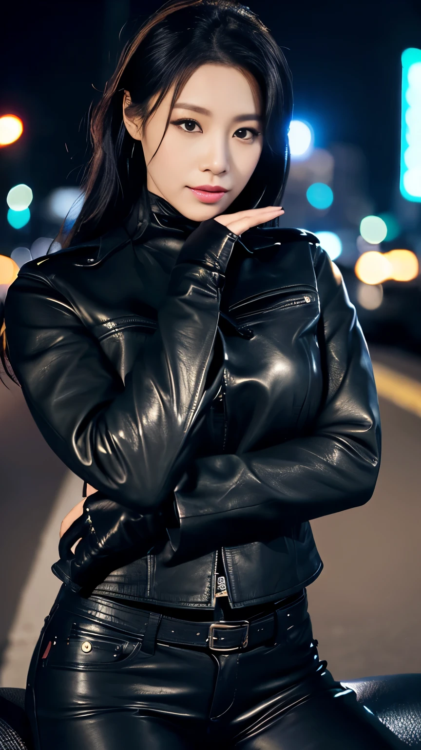 black leather rider jacket, Office in the Dark, Black leather gloved fingertips on both hands,Wearing black leather gloves,Sitting in a black leather chair、 Japanese female new recruits (Black leather gloves cover both hands) (The angle is horizontal)、Black Leather Pants,Black Leather Black Leather Pants,Black Leather Skinny Pants、Long black leather boots on both feet、Black hair ponytail ((He wears black leather gloves on his hands))Full Body Photo,full body shot full body full body leather suit,☺If you turn in this direction。Wearing black leather gloves,Wearing black leather gloves,Wearing black leather gloves,Wearing black leather gloves,Wearing black leather gloves,Wearing black leather gloves,黒のレザーパンツが美しい😍黒のレザーパンツが美しい😍黒のレザーパンツが美しい,😍Smiling while looking at me,City lights、((Neon Cyberpunk City Street:1.3))、(Neon Light)、Detailed lighting、
Best image quality、Ultra-high resolution、(realism:1.4)、Korean Beauty Star、The most beautiful KPOP stars、face、Horny Korean Makeup、A body that makes you want to touch it、Realistic leather texture、Costume made of smooth leather fabric、The drape of the curved parts of the leather fabric、The costume is very shiny、Quality of the costume、8K Photo Quality