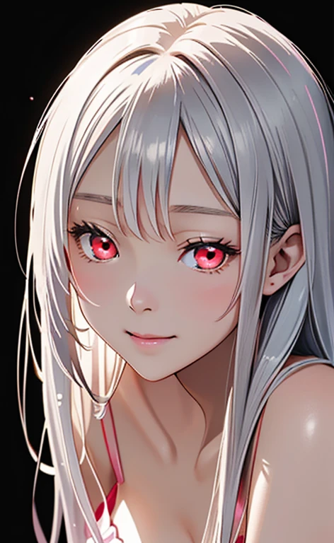 (Photorealistic:1.4)、asuna,(masterpiece、lens flare:1.5、spot light:1.2、Exquisite beautiful eyeonochrome:1.5,portlate、)、Cute Face、 3D Face、(white hair:1.5、Straight Hair)、(1 Girl)、(Red eyes:1.2)、(upper body)、(Sundress)、 (Cute face:1.2),(light smile:1.2),(half closed eyes:1.5),kind face,(Small breasts),(black background:1.5)、(glowing eyes:1.3)、()、 Neat and clean、Adorable、Slim Body(Tareme:1.5),Shiny Hair、(Glowing pink Skin)、Nijisketch,Manga,zydG