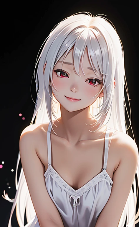 (Photorealistic:1.4)、asuna,(masterpiece、lens flare:1.5、spot light:1.2、Exquisite beautiful eyeonochrome:1.5,portlate、)、Cute Face、 3D Face、(white hair:1.5、Straight Hair)、(1 Girl)、(Red eyes:1.2)、(upper body)、(Sundress)、 (Cute face:1.2),(light smile:1.2),(half closed eyes:1.5),kind face,(Small breasts),(black background:1.5)、(glowing eyes:1.3)、()、 Neat and clean、Adorable、Slim Body(Tareme:1.5),Shiny Hair、(Glowing pink Skin)、Nijisketch,Manga,zydG