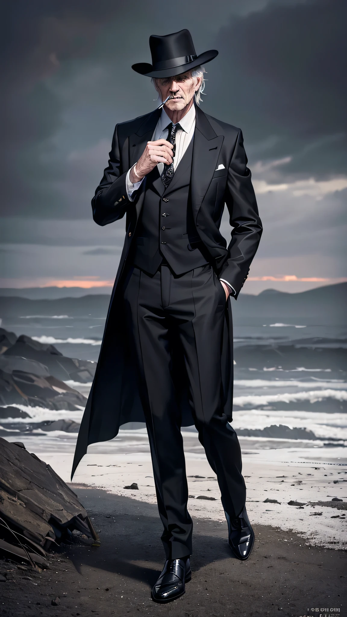 A well-dressed old gentleman in a tailcoat, black gloves, holding a cigarette and handgun, gun pointed, sunset landscape, plains, (best quality,4k,8k,highres,masterpiece:1.2),ultra-detailed,(realistic,photorealistic,photo-realistic:1.37),portrait,cinematic lighting,dramatic,intricate details,chiaroscuro,muted color palette,moody atmosphere