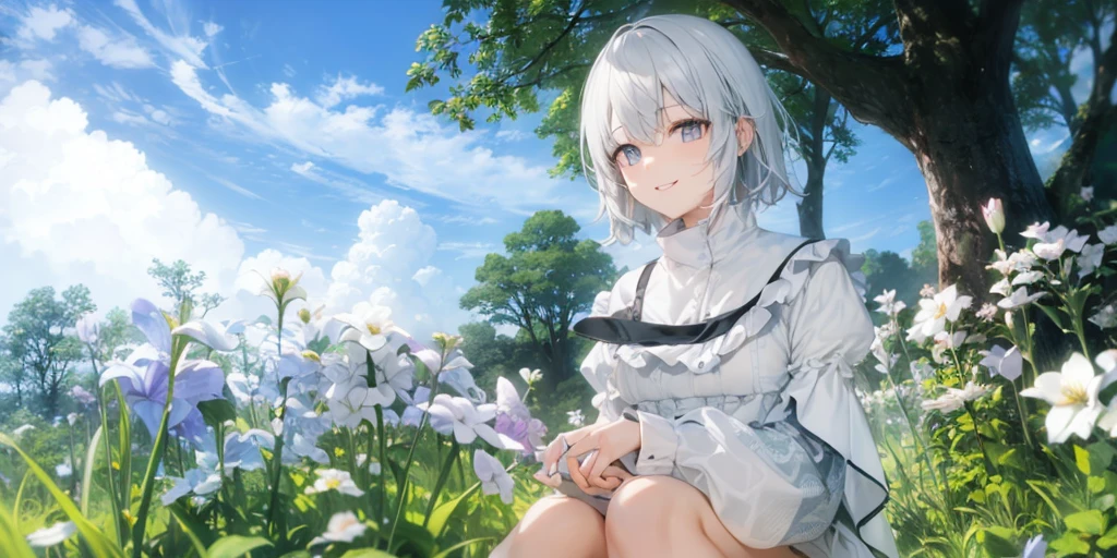 super high quality, With the girls, 20-year-old, とてもshort hair, Long bangs between the eyes, Grey Eyes , Very detailed,(masterpiece、highest quality)、alone、Gray Hair、Fantasy, Silver Hair, black eye, Beautiful Eyes, Fantasyな風景、White shirt、smile、Open your mouth、short hair、short hair、Flower Field