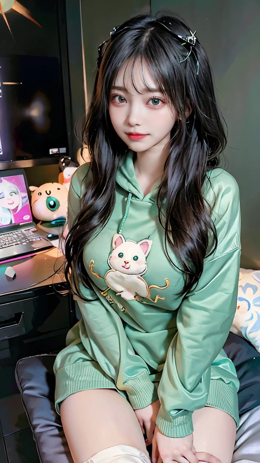 /imagine a beautiful anime girl live streaming from her cozy room, with long black hair, sparkling green eyes, wearing a stylish and cute hoodie, seated in a gaming chair in front of a high-end computer setup with vibrant RGB lighting, surrounded by adorable plushies and colorful posters on the walls, smiling warmly and interacting enthusiastically with her viewers