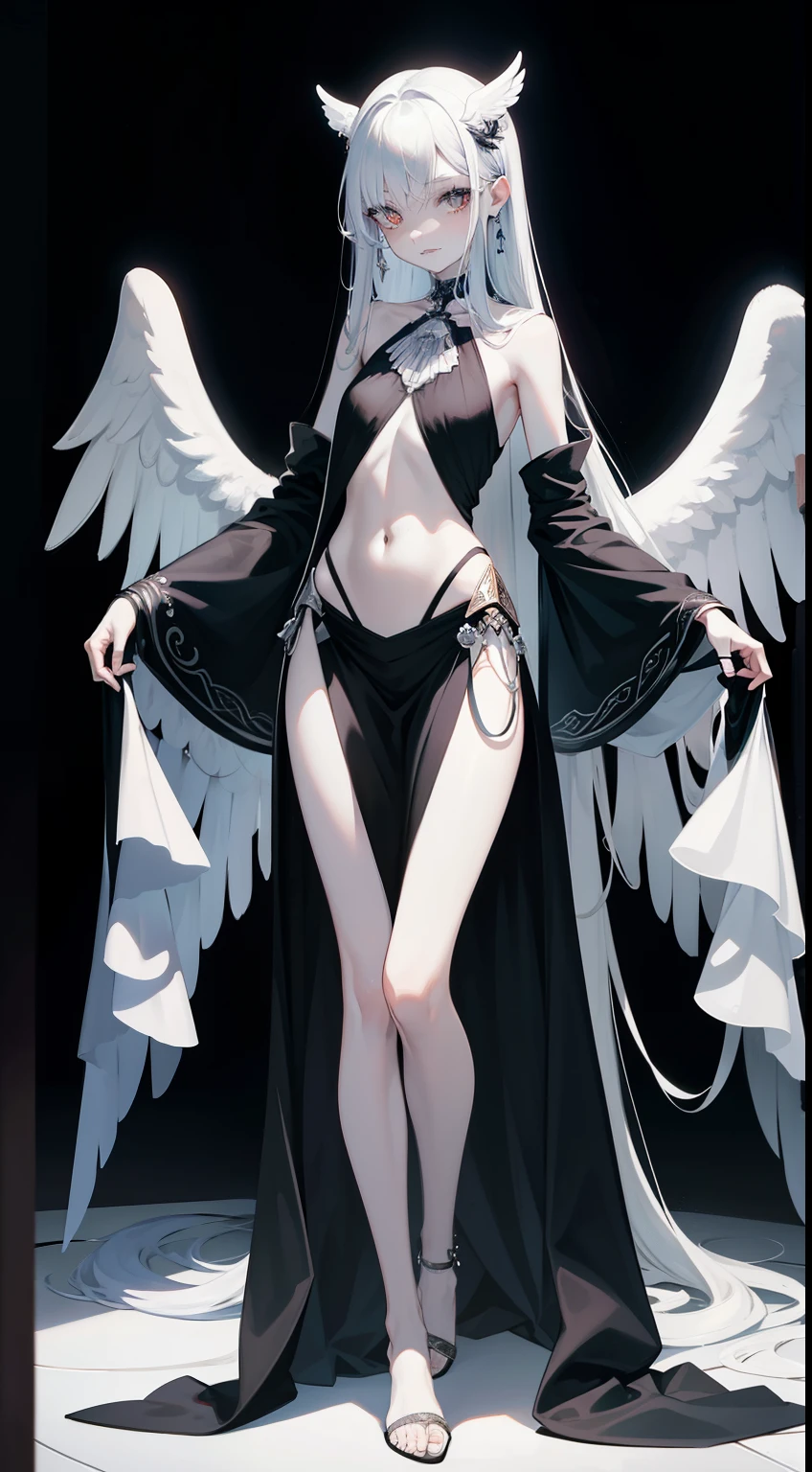 ((best quality)), ((masterpiece)), (detailed), perfect face, Character design, female, long black hair, wearing a black angelic dress with silver details, white eyes, small frame, very skinny, detailed, best quality, no accesoires around the neck, no shoes, prominent collarbones, skinny arms, flat stomach, visible hip bones, full body, fangs, pale skin, angelic
