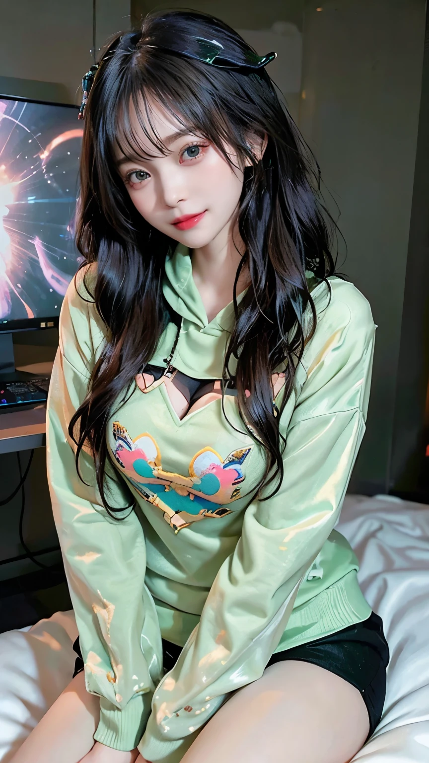 /imagine a beautiful anime girl live streaming from her cozy room, with long black hair, sparkling green eyes, wearing a stylish and cute hoodie, seated in a gaming chair in front of a high-end computer setup with vibrant RGB lighting, surrounded by adorable plushies and colorful posters on the walls, smiling warmly and interacting enthusiastically with her viewers