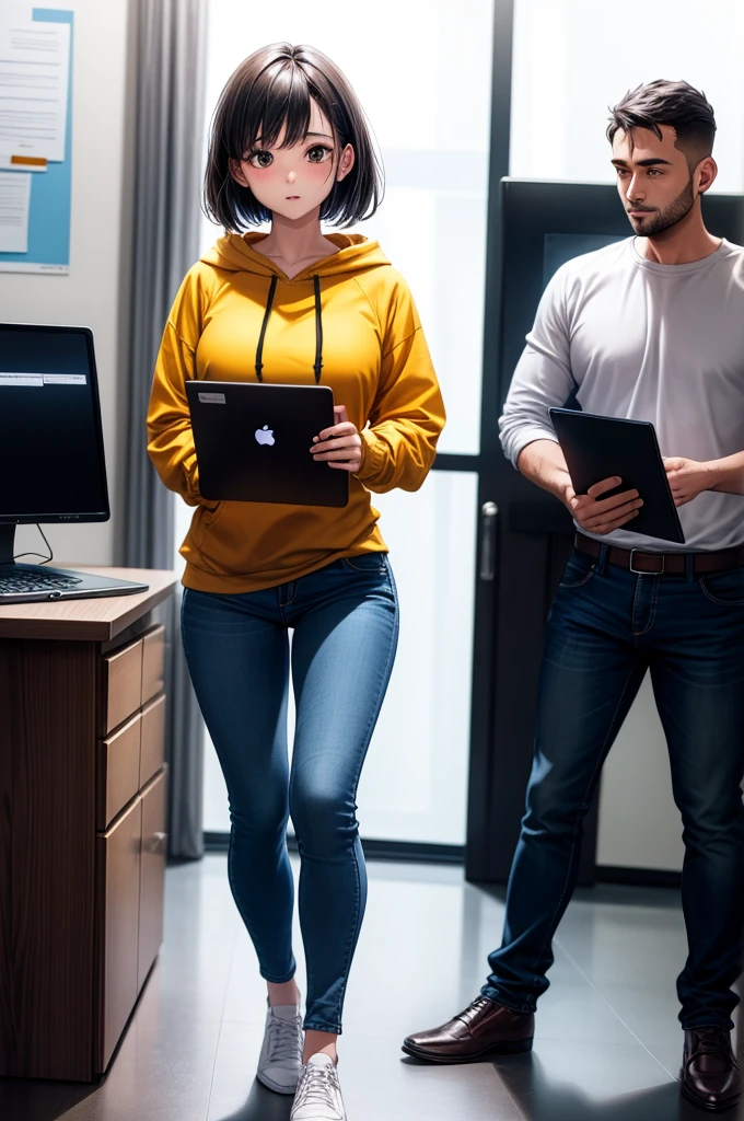 1 man is typing at his laptop in a desk, wearing hoodie, shirt and jeans, while another woman wearing sweater dress is behind him standing, in an office
