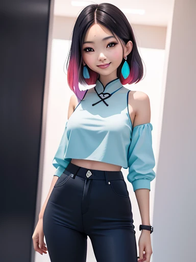 (obra-prima), (melhor qualidade), (ultra-detalhado), (corpo inteiro: 1.2) chinesa, pants and mini blouse, sorriso claro, corpo inteiro, :3, cabelo multicolor, curto, preso, pavor, moderno, Modern accessories, fundo tom pastel , colorido e simples.