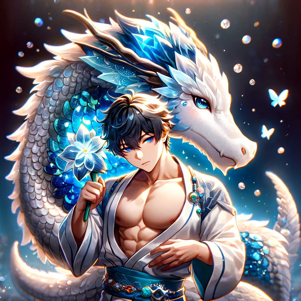 (absurdres, highres, ultra detailed, HDR) master piece, best quality, Dan Heng, black hair, expressive blue eyes, honkai star rail, solo, sexy man, hugging a white dragon, handsome, toned chest, black haori, white kimono with accessories, jewelry, patterns, magical fantasy, blue butterflies, glittering, sparkling, blue lilies, blue petals, radiant, blue background with gemstones