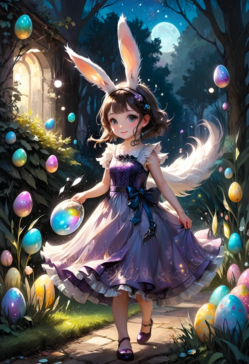 a cute girl with long fluffy rabbit ears, rabbit ears, The most beautiful amazing incredible stunning cutest  rabbit searching for Easter eggs with a littpy human girl in an easter dress, fluffy, adorable, cute, hyperdetailed, cinematic, Easter egg hunt, sparkles, glitter, a midnight "garden covered in glitter, magic and sparks" : extreme detail : intricate motifs : by Bastien Lecouffe Deharme : jeremy mann : andree wallin : deep depth of field : bright dramatic lighting : craig mullins : radial : maximalist : deviantart : Ray Tracing : Yoshikata Amano; Edwin Landseer; Ismail Inceoglu; Russ Mills: Victo Ngai; Bella Kotak; 3d; intricate filigree : perfect composition