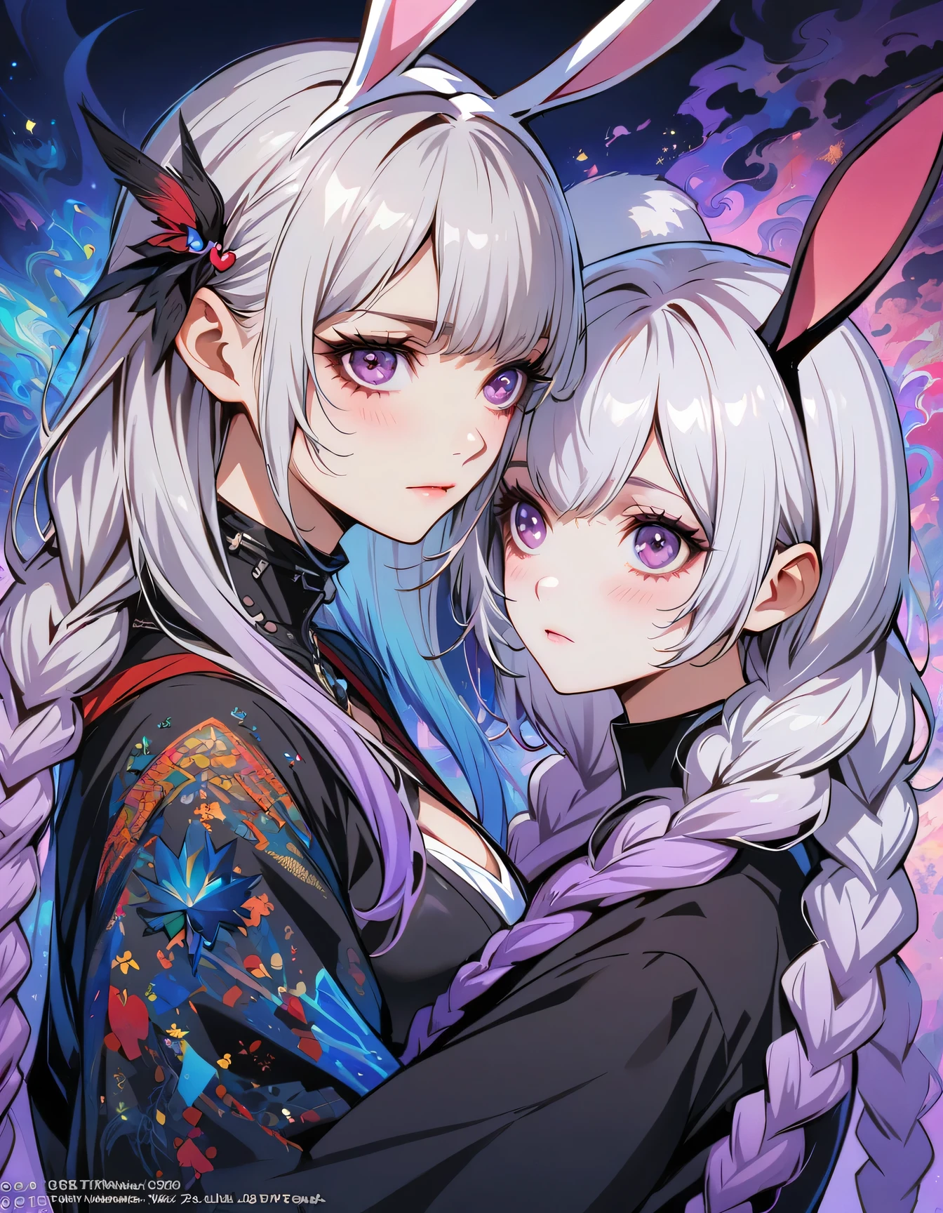 (masterpiece, best quality, official art, beauty, Gothic, Tokyo Ghoul style: 1.2), Very detailed, fractal art, Gorgeous, More detail, Zentangle, Atmospheric, cosmic, Psychedelic, dreamlike, fear, abstract background, A couple of lovers staring at each other, Rabbit Ears, yinji, purple hair, purple eyes, long hair, white hair, double braids, gradient hair, Japanese folk style clothing