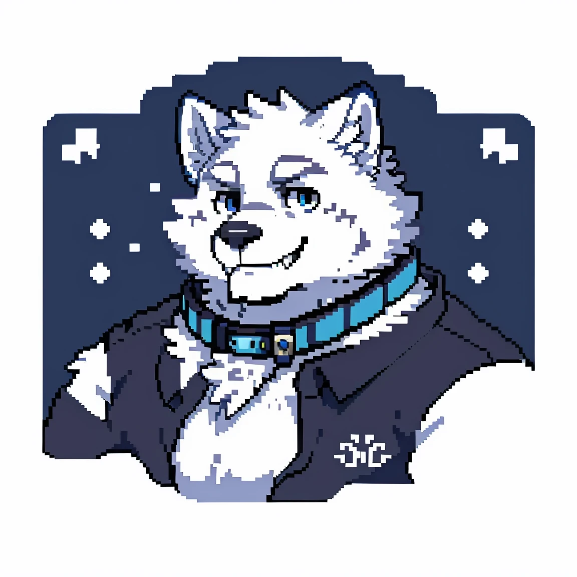 snow wolf, ((all white fur:1.5)), Perfect sky blue eyes, Spike Collar, (artist:Takemoto Arashi), Mature face, (fang out:1.5), seductive smile, Unbutton all white shirt buttons, logo mark, stamp, Geometric pattern, vector-art, pixel graph, (White eyebrows), Looking at the audience, best quality, UHD, solo