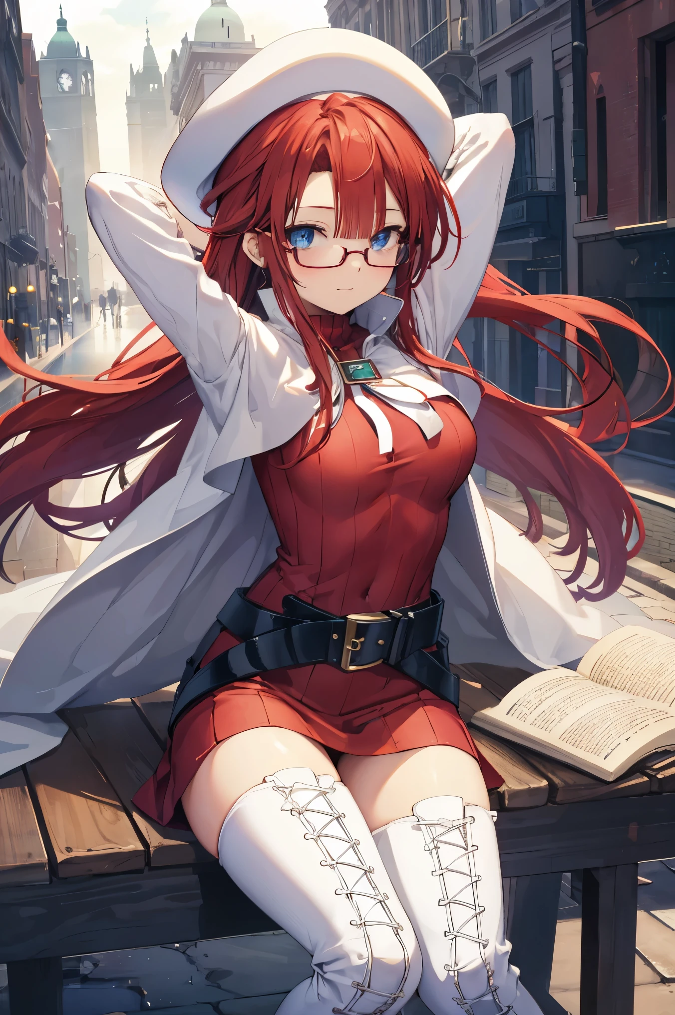 summonnightaty, aty, (young:1.3),long hair, blue eyes, red hair, large_beret, hat, glasses,
BREAK long hair, thighhighs, hat, dress, boots, glasses, belt, cape, sweater, zettai ryouiki, beret, thigh boots, white footwear, ribbed sweater, loose belt,solo,
BREAK outdoors, fantasy,on_cobblestone
,,Highquality_hads,perfect_fingers,
BREAK (masterpiece:1.2), best quality, high resolution, unity 8k wallpaper, (illustration:0.8), (beautiful detailed eyes:1.6), extremely detailed face, perfect lighting, extremely detailed CG, (perfect hands, perfect anatomy),covered_nipples,covered_navel ,half_eyes:,long_sword,armpit,sleepy,dynamic_fighting_pose,barrel,red_sweater,apart_knees,magical_effect,spread_legs, have_a_book,teacher,rise_knee,Smile,rise_hand,look_down_viewer