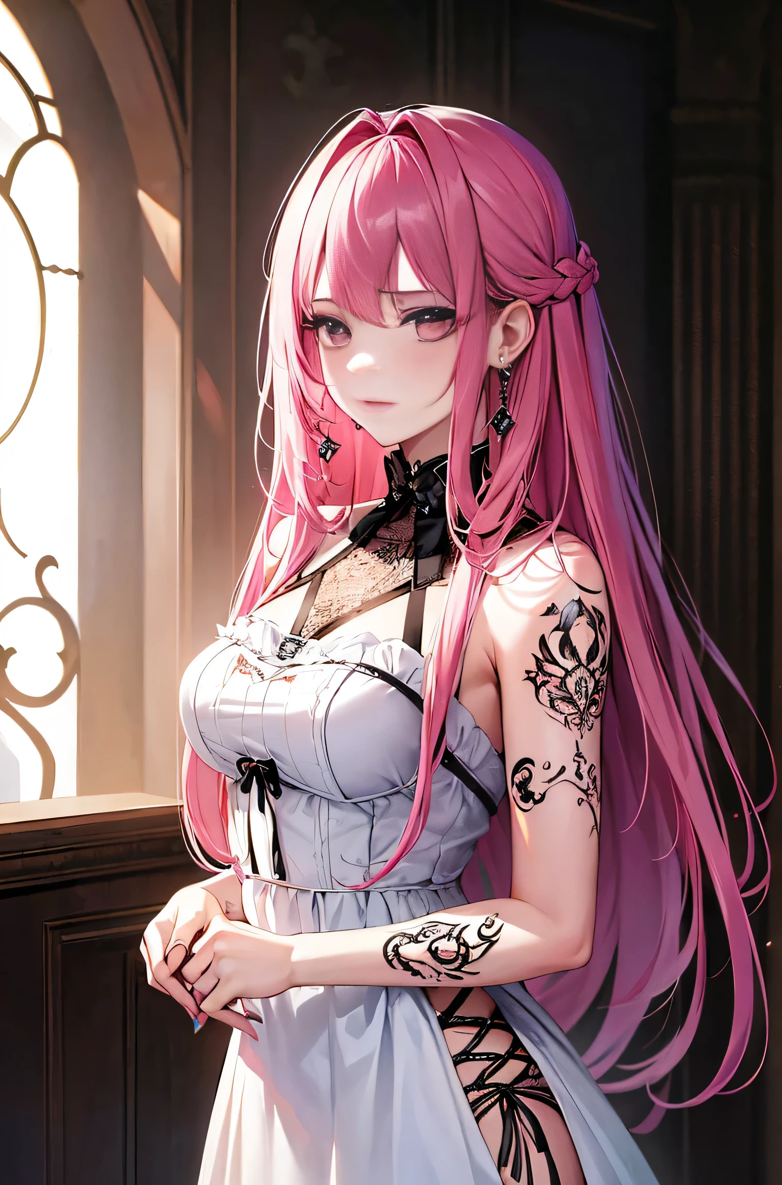 (masterpiece, highest quality), ((One girl, alone, Long Hair)), Tattoo,Earrings,Gothic Girl,Pink Hair,