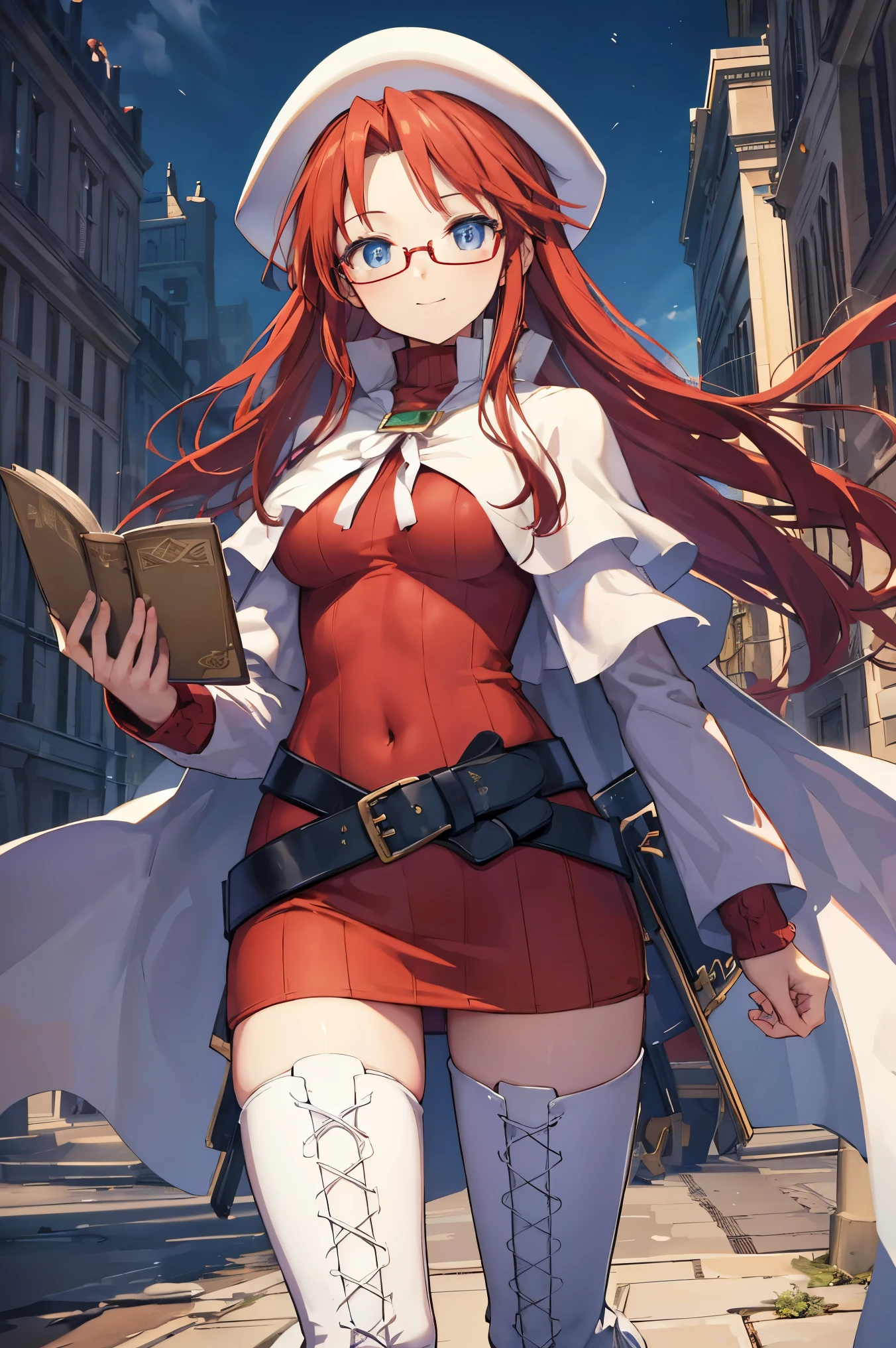 summonnightaty, aty, (young:1.3),long hair, blue eyes, red hair, large_beret, hat, glasses,
BREAK long hair, thighhighs, hat, dress, boots, glasses, belt, cape, sweater, zettai ryouiki, beret, thigh boots, white footwear, ribbed sweater, loose belt,solo,
BREAK outdoors, fantasy,on_cobblestone
,,Highquality_hads,perfect_fingers,
BREAK (masterpiece:1.2), best quality, high resolution, unity 8k wallpaper, (illustration:0.8), (beautiful detailed eyes:1.6), extremely detailed face, perfect lighting, extremely detailed CG, (perfect hands, perfect anatomy),covered_nipples,covered_navel ,half_eyes:,long_sword,armpit,sleepy,dynamic_fighting_pose,barrel,red_sweater,apart_knees,magical_effect,spread_legs, have_a_book,teacher,rise_knee,Smile,rise_hand,look_down_viewer