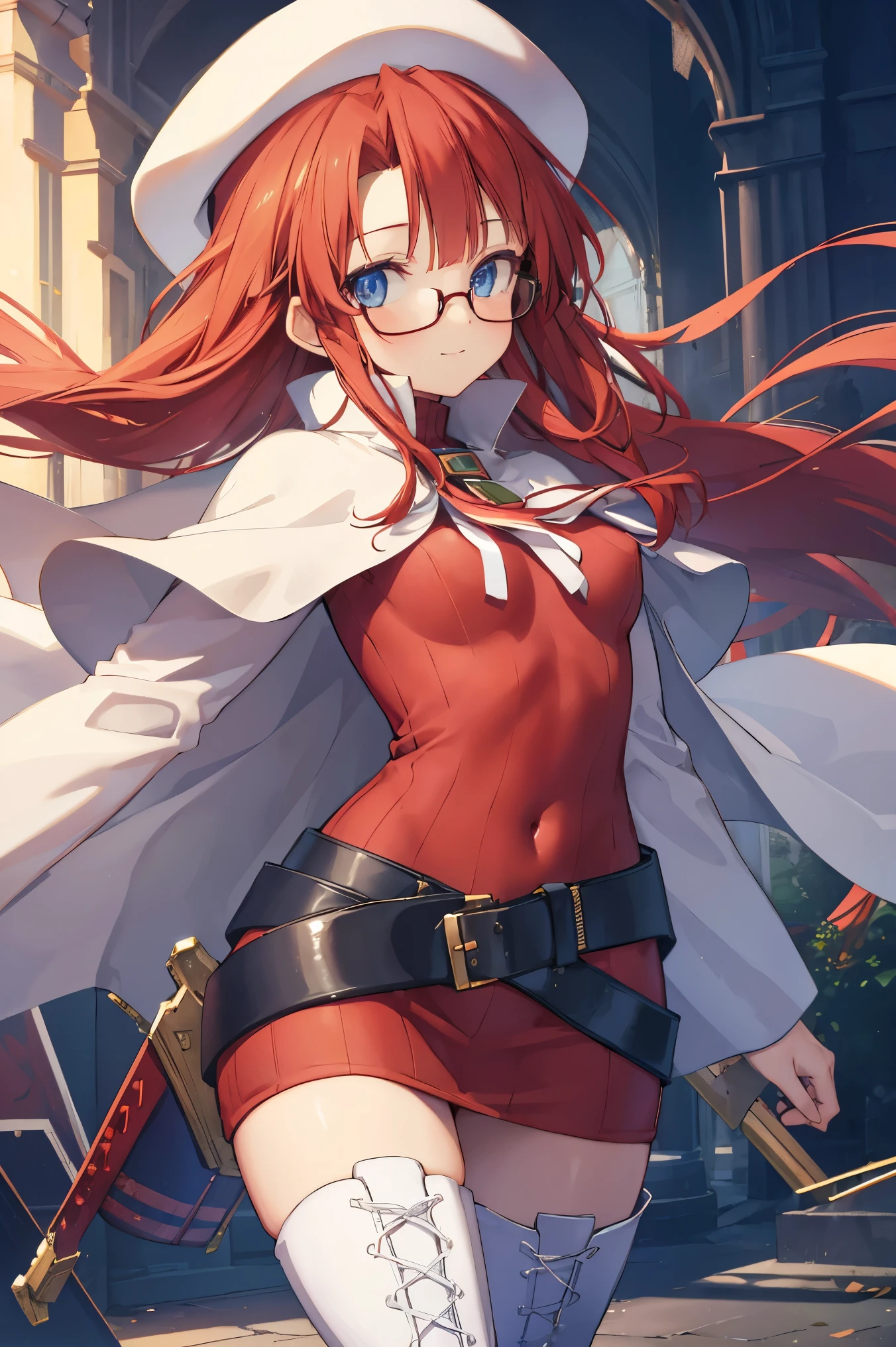 summonnightaty, aty, (young:1.3),long hair, blue eyes, red hair, large_beret, hat, glasses,
BREAK long hair, thighhighs, hat, dress, boots, glasses, belt, cape, sweater, zettai ryouiki, beret, thigh boots, white footwear, ribbed sweater, loose belt,solo,
BREAK outdoors, fantasy,on_cobblestone
,,Highquality_hads,perfect_fingers,
BREAK (masterpiece:1.2), best quality, high resolution, unity 8k wallpaper, (illustration:0.8), (beautiful detailed eyes:1.6), extremely detailed face, perfect lighting, extremely detailed CG, (perfect hands, perfect ???????),covered_nipples,covered_navel ,half_eyes:,long_sword,armpit,sleepy,dynamic_fighting_pose,barrel,red_sweater,apart_knees,magical_effect,spread_legs, have_a_book,teacher,rise_knee,Smile,rise_hand,look_down_viewer