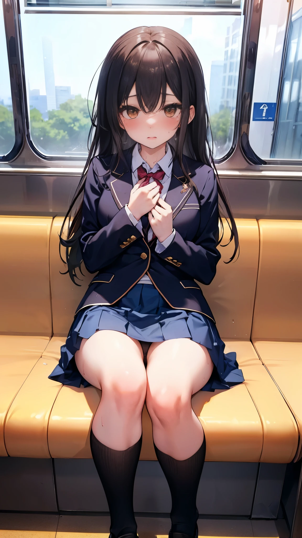 NSFW,4K,Gal:1.3,Anatomically correct,school uniform:1.3,A pure and innocent girl, Very cute face, Like an idol, (masterpiece:1.2), (high quality), panties, loose socks, Hip, Blue Skirt, alone, Blazer Type, loose socks, Lifting clothes, Brown eyes, pure gaze, mini skirt, Lift yourself up, Check skirt, blush,((Mid-chest)), (Sweating profusely), Long Hair, physical education, Beautiful legs, ((in the train))
