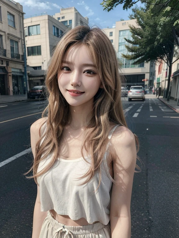 masterpiece, highest quality, High resolution,alone,Multiple hair colors,artistic,Best lighting,casual,Flat Chest,Beautiful Face,expensive,smile,light makeup,Age 24,Calm woman,Detailed Hair,Laughing woman,Wavy Hair,Woman in sleeveless,outside,morning,Pants Style,whole body
