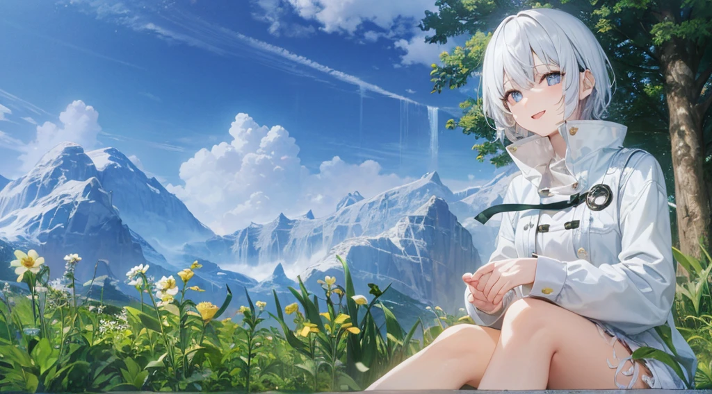 super high quality, With the girls, 20-year-old, とてもshort hair, Long bangs between the eyes, Grey Eyes , Very detailed,(masterpiece、highest quality)、alone、Gray Hair、Fantasy, Silver Hair, black eye, Beautiful Eyes, Fantasyな風景、White shirt、smile、Open your mouth、short hair、short hair、Flower Field