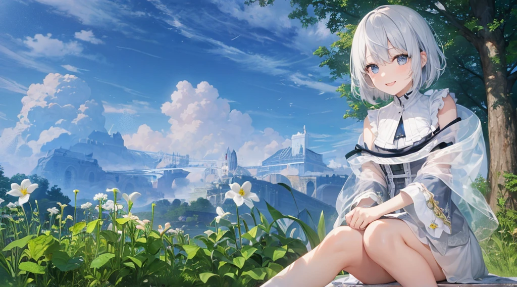 super high quality, With the girls, 20-year-old, とてもshort hair, Long bangs between the eyes, Grey Eyes , Very detailed,(masterpiece、highest quality)、alone、Gray Hair、Fantasy, Silver Hair, black eye, Beautiful Eyes, Fantasyな風景、White shirt、smile、Open your mouth、short hair、short hair、Flower Field