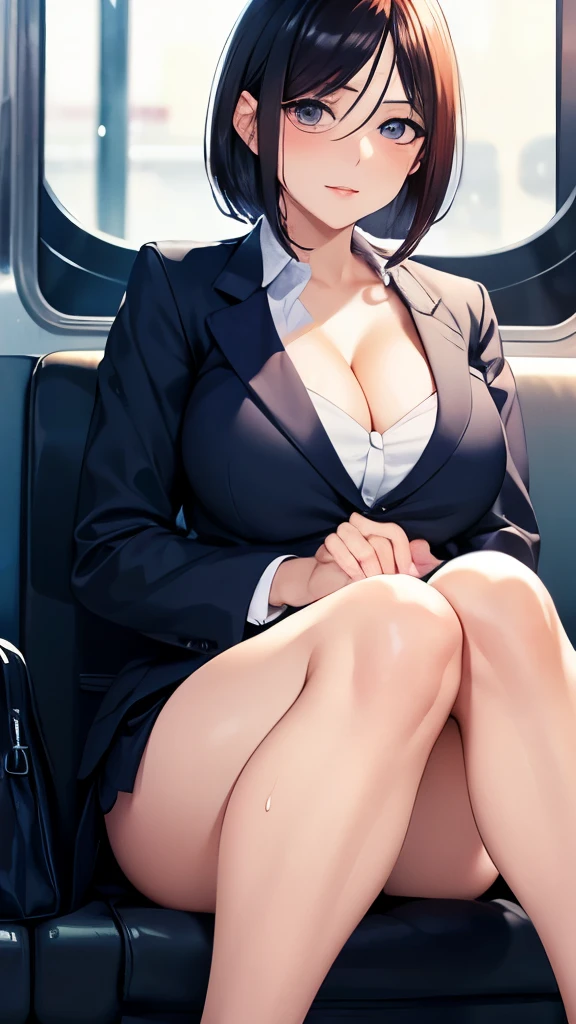 orgasm,Drunk,center parting bob,sweat,stout legs,cleavage,face focus.Detailed eyes,High image quality,Highest Quality,Photorealistic,Feet up,Fullbody,Business bag,Japanese woman,wearing a suit, sitting,train