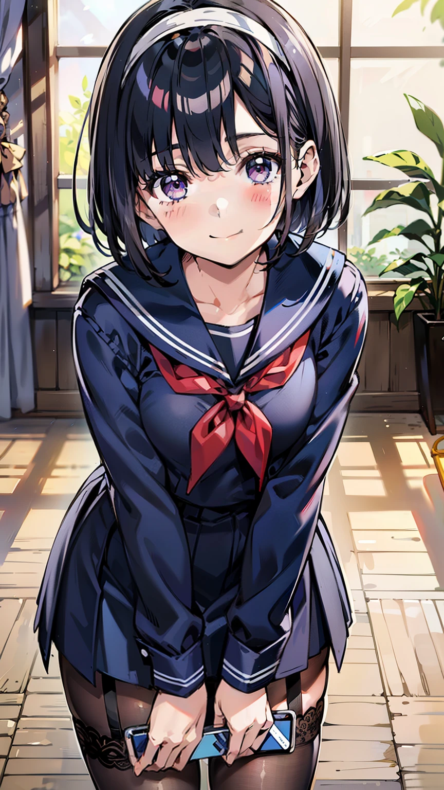 sailor uniform, One Woman, (A beauty woman, Delicate high school girl:1.3), 8K, highest quality, masterpiece, Very detailed, Ultra-high resolution, Realistic, RAW Photos, Absolute Resolution, Black Hair, Bobcut, Small face compared to body, Very small face, Black Hair, ((Navy blue sailor suit)), Navy Blue Skirt, High school girl in sailor suit, 2D Rendering of Anime, Realistic若いアニメの女子高生, , ((White headband)), Small breasts, tall, Slanted Eyes, Purple Eyes, Black Stockings, garter belt, Embarrassed smile, garden, (Take a photo with your smartphone:1.3), (Top-down position:1.3), blurry background,