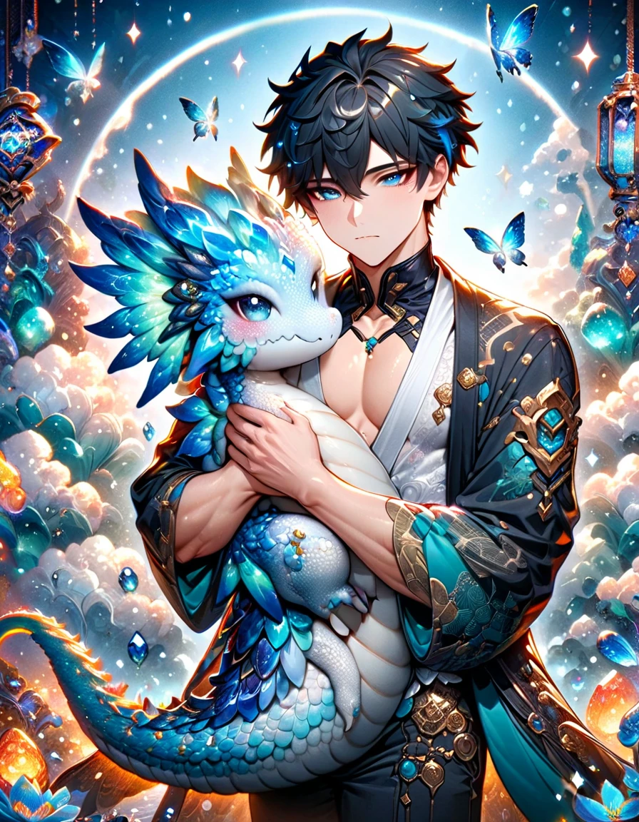 (absurdres, highres, ultra detailed, HDR) master piece, best quality, Dan Heng, black hair, expressive blue eyes, honkai star rail, solo, sexy man, hugging a white small dragon, handsome, toned chest, black haori, white kimono with accessories, jewelry, patterns, magical fantasy, blue butterflies, glittering, sparkling, blue lilies, blue petals, radiant, blue background with gemstones