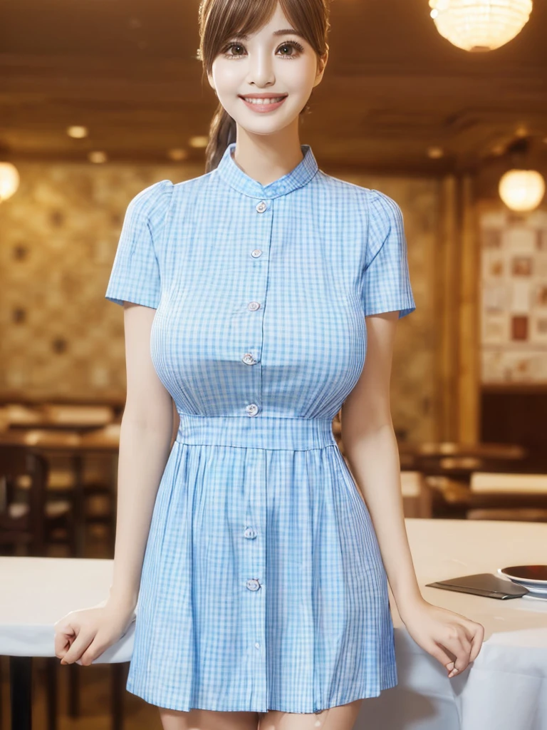 (masterpiece:1.5),(highest quality:1.5),(Highest quality:1.5),(8K:1.5),(Watching the audience),(Big Breasts:1.3),smile,(bed:1.2),Slender,Narrow waist,Beautiful and thin legs,(Gingham check light blue dress:1.2),(Family Restaurant Uniforms:1.2)