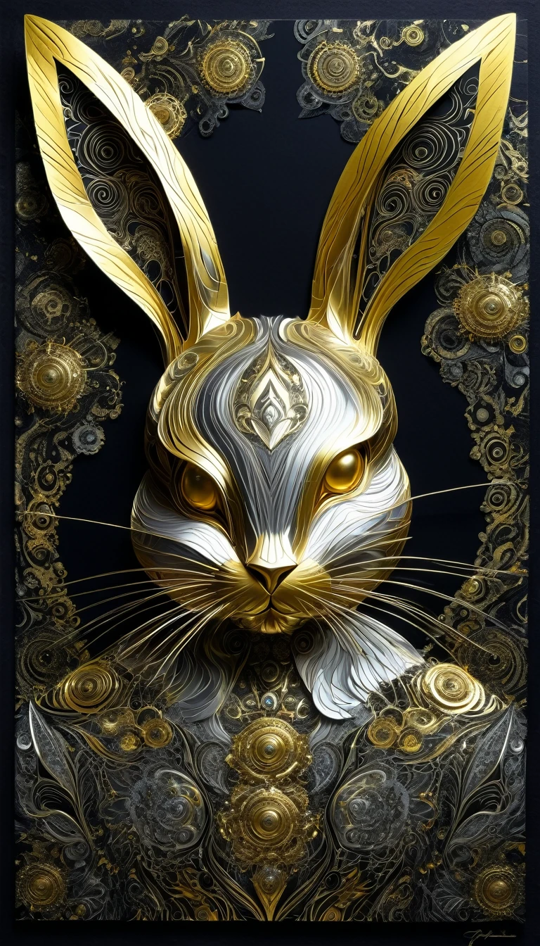 2D folded paper artwork collage on glossy black paper with gold and silver foil paper . an impressive abstraction fractal patterns on the theme of Playboy Bunny . Philippe Vignal and takato yamamoto style . Charming and frightening. A masterpiece., neon ambiance, abstract black oil, gear mecha, detailed acrylic, grunge, intricate complexity, rendered in unreal engine, photorealistic, High Resolution, High Quality, Masterpiece