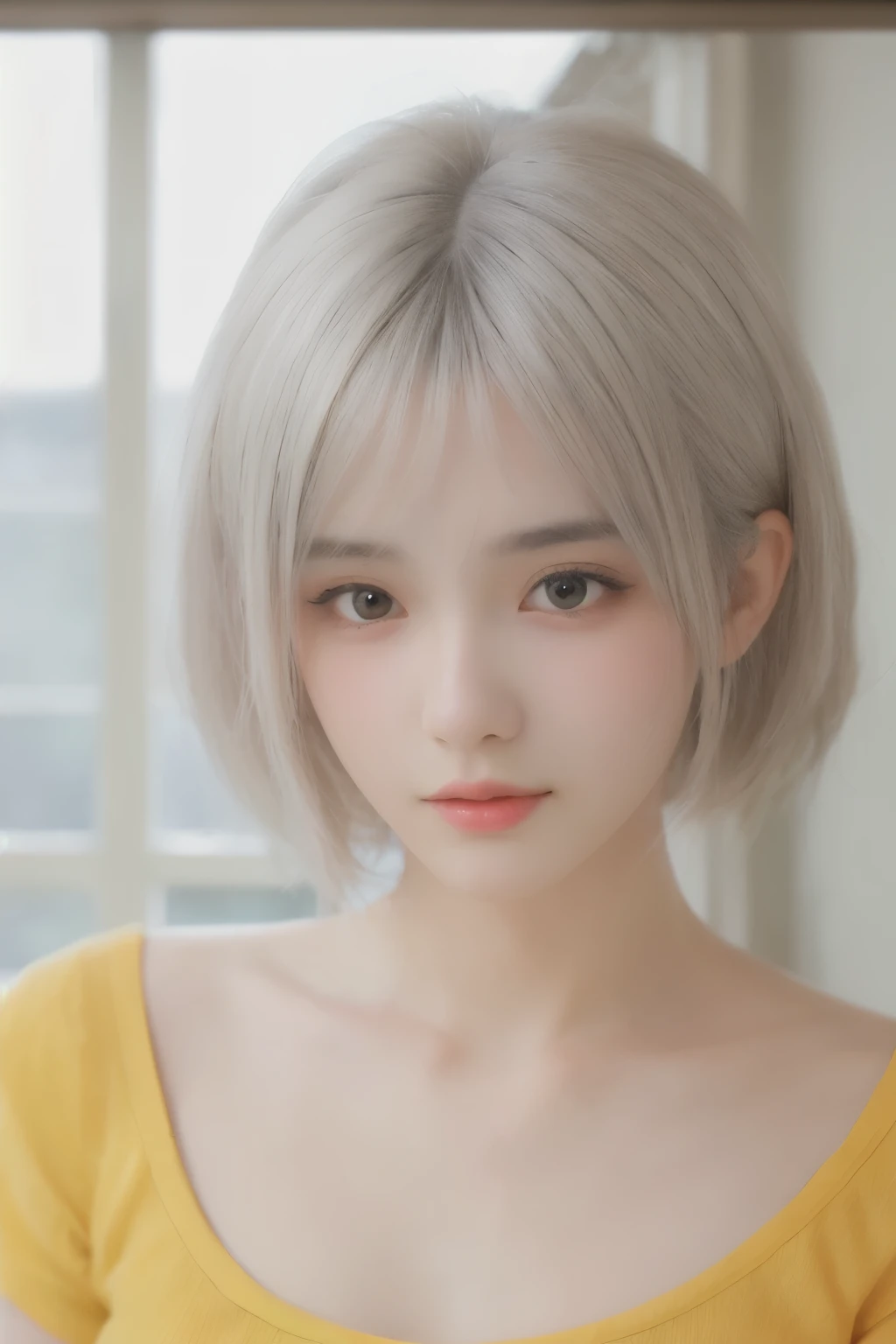 Best quality, ultra detailed,
1 girl, 19 years old, Bishojo, 
cute, kawaii, 
yellow shirt, realistic face, beautiful skin,
silver hair, mannish short, skinny, japanese,grammar, clavicle,yellow color eyes