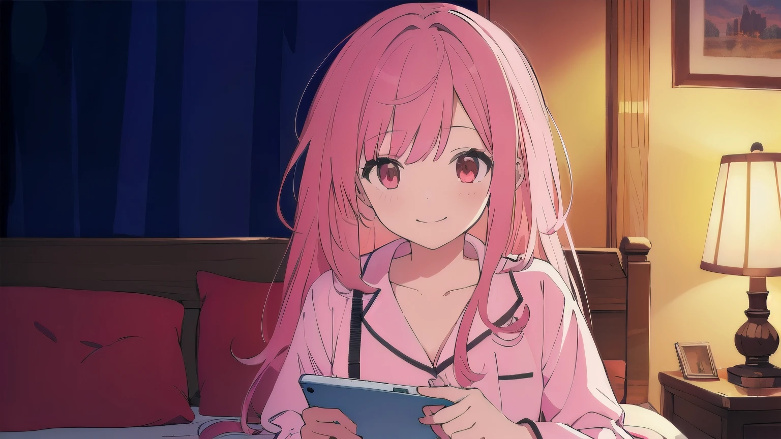 Very detailed, Detailed Background, (highest quality, masterpiece, High resolution), One girl, smile, Mid-chest, Pink Hair, Upper Body, pajamas, long hair、 (night:1.4)、 Dimly lit room,