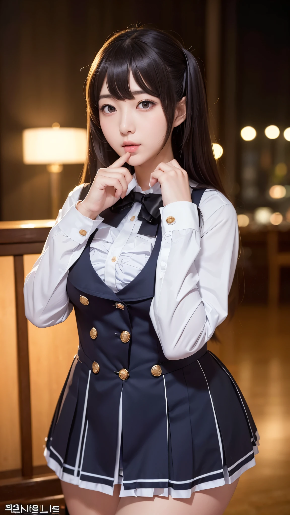 (((masterpiece))),(((high resolution)))、(((perfect face)))、((beautiful face))、(((Korean beauty)))、(((Kancolle Cosplayer)))、(((Uniform)))、night、big breasts、Plump、looking at the camera