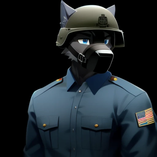 solo, male, wolf, gray colored fur, lean body, anthropomorphic wolf, dark faint blue  uniform, military helmet, Black muzzle, Gray helmet 