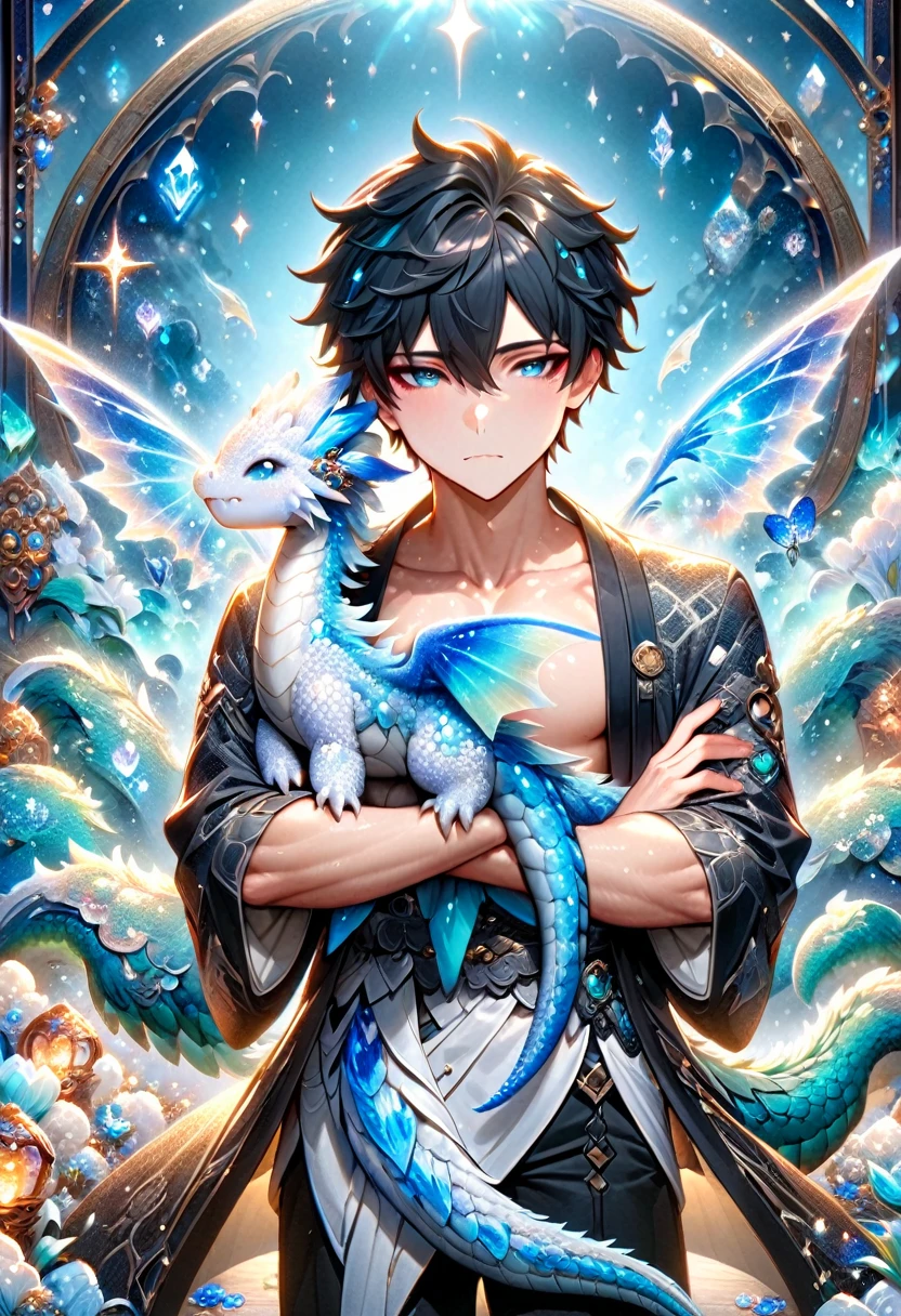(absurdres, highres, ultra detailed, HDR) master piece, best quality, Dan Heng, black hair, expressive blue eyes, honkai star rail, solo, sexy man, hugging a white small dragon, handsome, toned chest, black haori, white kimono with accessories, jewelry, patterns, magical fantasy, blue butterflies, glittering, sparkling, blue lilies, blue petals, radiant, blue background with gemstones