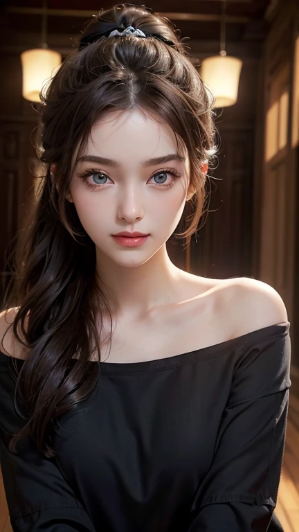 (best quality), (masterpiece), (high resolution), (Intricate details:0.2),(Professional lighting), Room, Detailed background, Oversized black T-shirt, Off-shoulder, (Previous View), 1 Girl, Solitary, (Pretty Face:1.40),  slim, delicate skin, Smile, Long ponytail with brown hair, Sky blue eyes, (Medium beast:1.10), View in the viewer,  