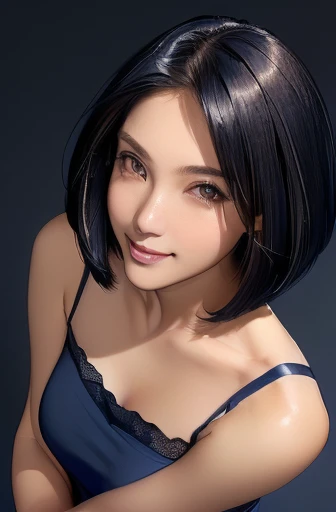 (masterpiece), (8k, best quality, high resolution), (ultra-detailed, realistic), (anatomically correct),  
((from above)), ((look up and see the viewer)), 
((face close-up)), (Standing), (No background),
(1woman),   
(A Japanese woman, 30 years old and 155cm tall.), 
((Create a detailed image of the right eye)), 
(((Wear a navy blue tunic camisole))), ((A camisole without decoration.)),  
(black hair), (straight hair), (short hair style), ((bob cut)), 
(put hair over ear), 
(There is a mole on the left side of the mouth), 
((smile broadly)), 
(Her impression is pure, clean and kind.),
