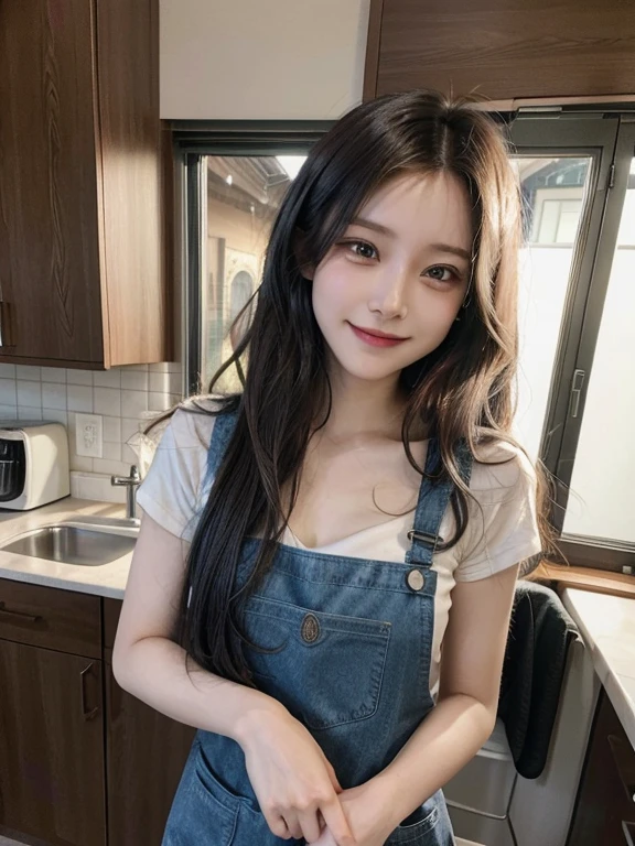masterpiece, highest quality, High resolution,alone,Multiple hair colors,artistic,Best lighting,casual,Flat Chest,Beautiful Face,expensive,smile,light makeup,Age 24,Calm woman,Detailed Hair,Laughing woman,Wavy Hair,Woman in apron,outside,morning,whole body,indoor,kitchen