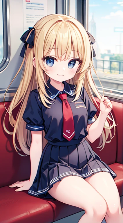 (Tabletop, highest quality:1.2), 8k, -yeld st, Official Art, RAW Photos, Absurd, White dress shirt, Pretty face, close, Upper Body, Violet, Gardenias, beautiful girl, , (Navy Pleated Skirt:1.1), Cinch waist, Thighs Thighs Thighs Thighs, Short sleeve, in the train, sit on bench seat, View Viewer, No makeup, (smile:1.4), Film Grain, chromatic aberration, Sharp focus, Face Light, Bright lighting, Teen, Detailed face, Bokeh Background, (Dark red tie:1.1)、one person!!、Baby Face、Innocenman、10 year old girl、Long Hairth bangs、small、Big eyes、barefoot、black eye、cute、Spread your legs、With ribbon、Very large breasts、身長のsmall、体のsmall、Short legs、、Are standing、