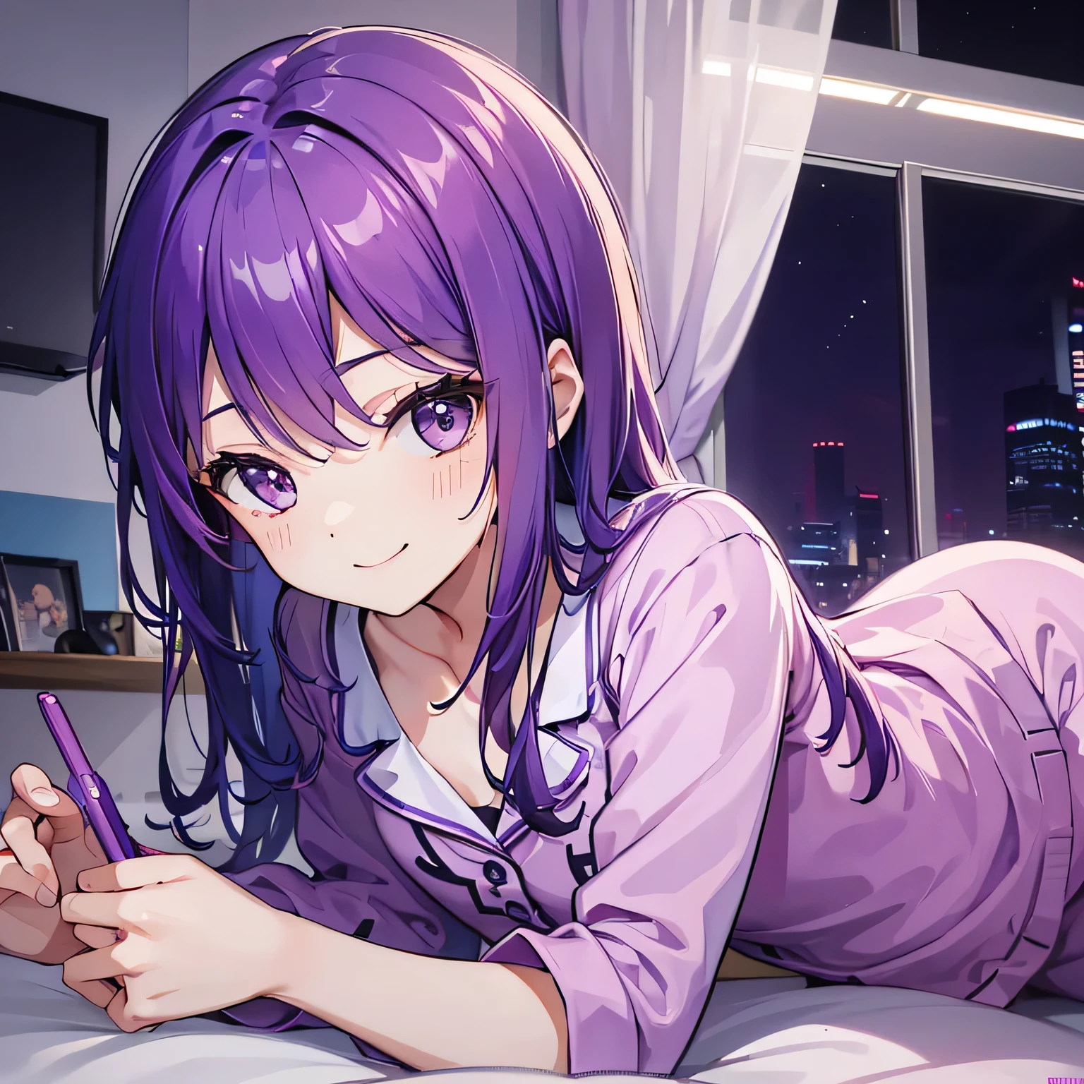 (T Masterpiece,4K wallpaper,Best Quality))、((girl1people))、(solo)、Bright and Brilliant,(Purple Hair)、(Shortcuts:1.3)、smile、Bedroom、pajamas、night