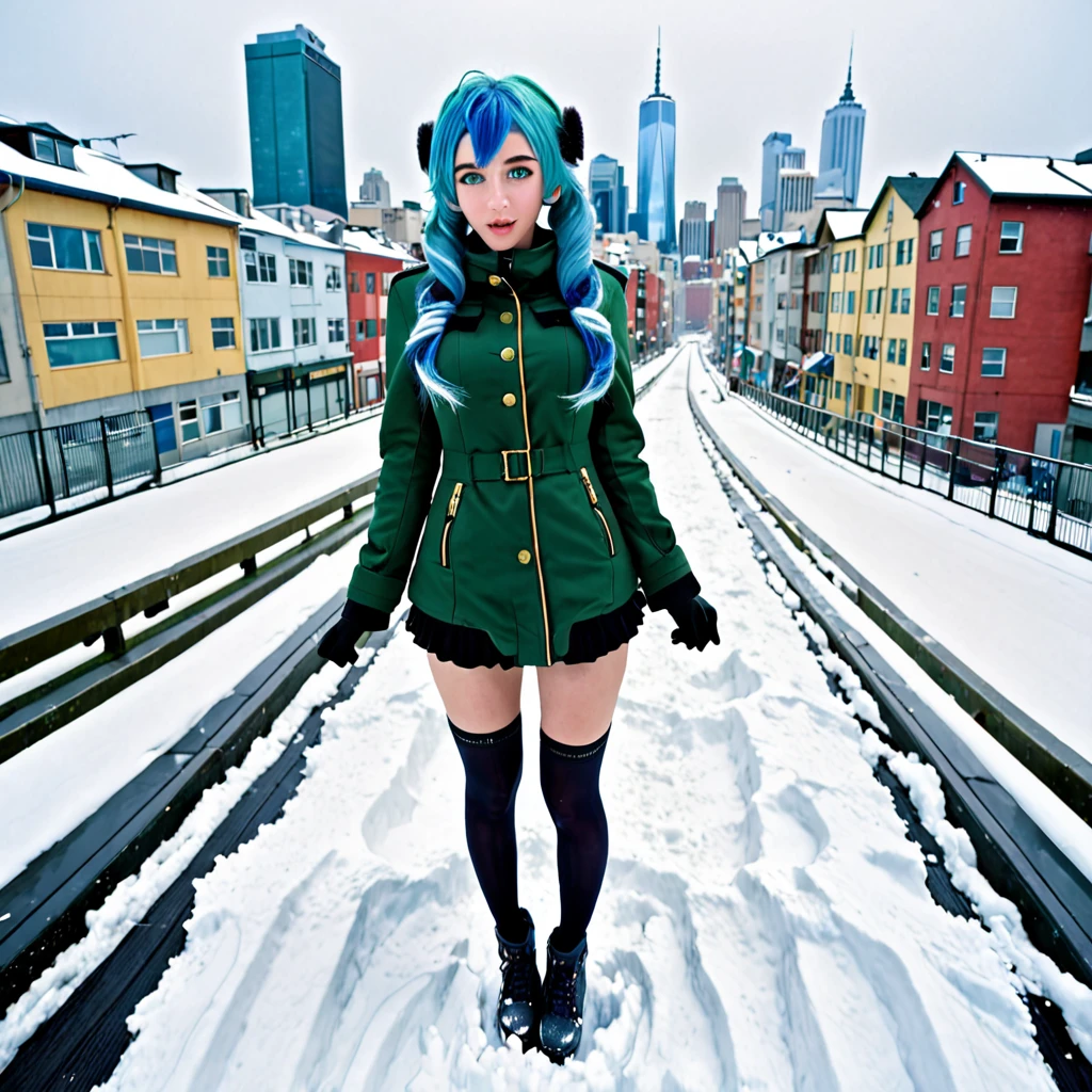 best quality,ultra high res,1girl,solo,full body,snow,city,, blue hair,green eyes,jk, blowjob POV