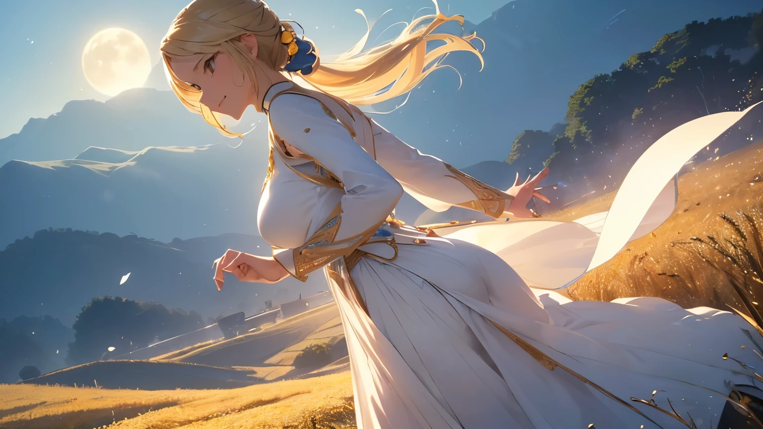 A beautiful woman, (((1 girl, solo, running, (wheat field), turning around, golden eyes, long pure white dress, middle ages, medieval outfit, long sleeves sunset, light from behind, shadow on the figure, smile, laughter, (blue sky), against the background of wheat, standing in the distance, looking at the viewer, full-length
, elegance under the sun, hair ornament, movement motion, image look alive))), ((perfect body figure, very big breast, very big ass, beautiful face, beautiful face, milf, age 46, royal, blazing blond color hair, ponytail hair style, beautiful skin, Extremely details hair, fine details)), (((cinematic lighting, beautiful lighting effect, creative design, full body frame, divine aura, hard harmony , shining light, perfect color transition, perfect balance of contrast, perfect color layer, perfectly smooth color blur, soft rendering, smooth color stroke, moon glare, optic lens, moonlight ray, soft colors, smooth colors blend, perfect color rendering, harmony, perfect color harmony, beautiful color, soft harmony, light particles, perfect details, intricate details, color prism, fine details, refine details, intricate clothes details, fine clothes, smooth fabric clothes texture, different angle))), Tachibana Omina art style, affectionate eyes, half a smile, slightly open mouth, a gentle expression on his face, serene scenery of grassland under the sun, grass floating around, calm, breeze and sunlight in the background, butterflies in the sky, realism, ((Best quality))),8k,((Masterpiece)),(Extremely refined and beautiful)