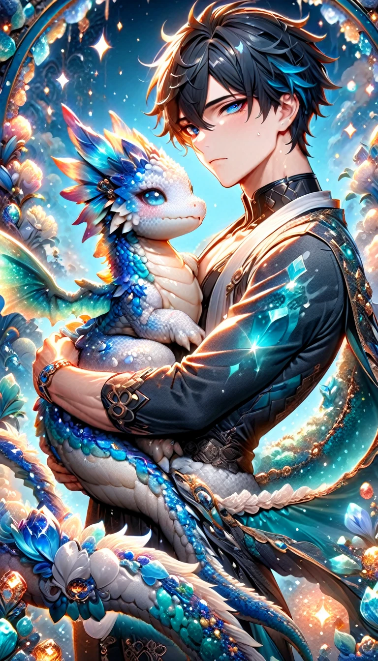 (absurdres, highres, ultra detailed, HDR) master piece, best quality, Dan Heng, black hair, expressive blue eyes, honkai star rail, solo, sexy man, hugging a white small dragon, handsome, toned chest, black haori, white kimono with accessories, jewelry, patterns, magical fantasy, blue butterflies, glittering, sparkling, blue lilies, blue petals, radiant, blue background with gemstones