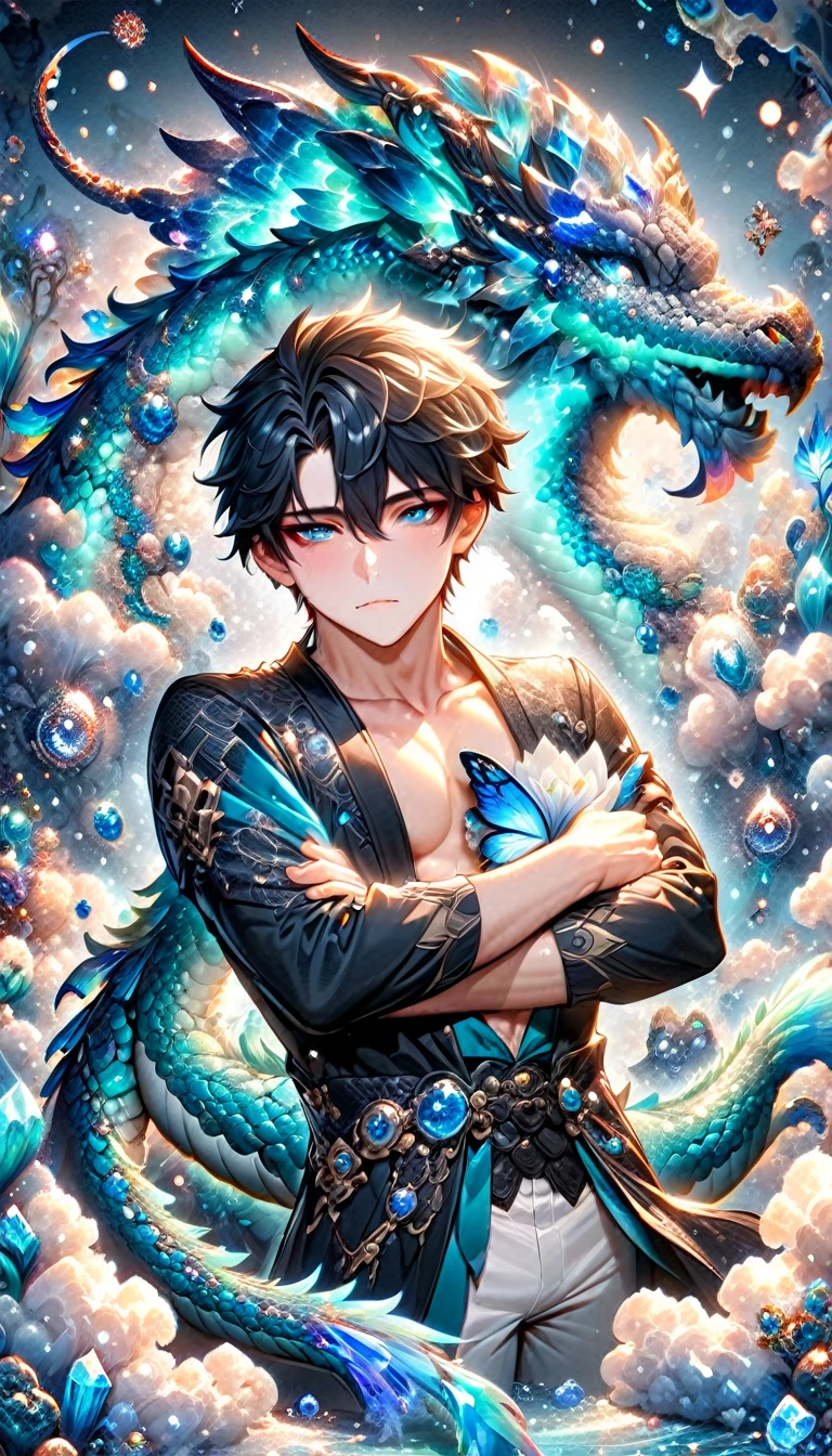 (absurdres, highres, ultra detailed, HDR) master piece, best quality, Dan Heng, black hair, expressive blue eyes, honkai star rail, solo, sexy man, hugging a white small dragon, handsome, toned chest, black haori, white kimono with accessories, jewelry, patterns, magical fantasy, blue butterflies, glittering, sparkling, blue lilies, blue petals, radiant, blue background with gemstones
