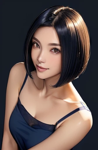 (masterpiece), (8k, best quality, high resolution), (ultra-detailed, realistic), (anatomically correct),
((from above)), ((look up and see the viewer)),
((face close-up)), (Standing), (No background),
(1woman),
(A Japanese woman, 30 years old and 155cm tall.),
((Create a detailed image of the right eye)),
(((Wear a navy blue tunic camisole))), ((A camisole without decoration.)),
(black hair), (straight hair), (short hair style), ((bob cut)),
(put hair over ear),
(There is a mole on the left side of the mouth),
((smile broadly)),
(Her impression is pure, clean and kind.),
