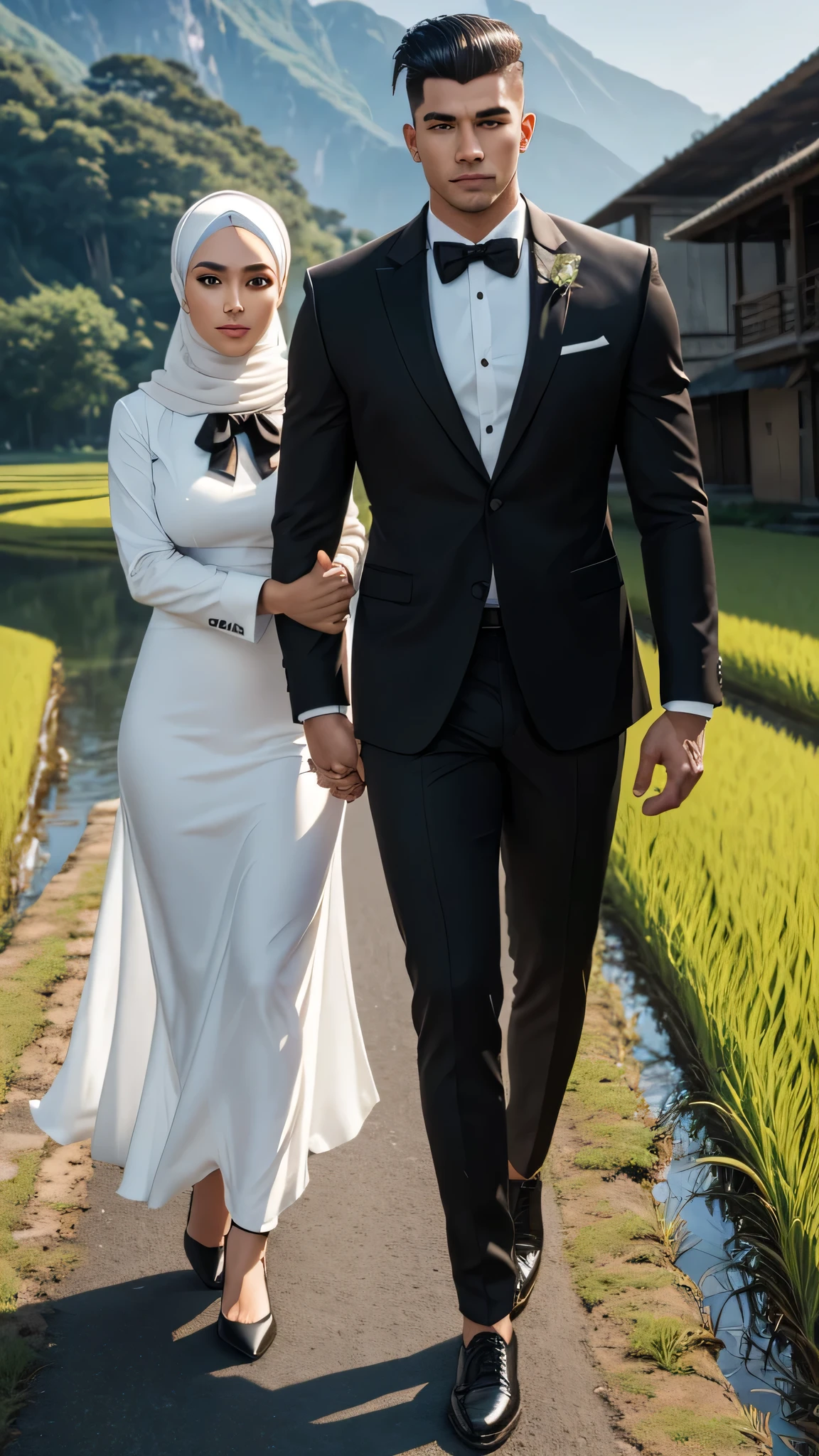 RAW, Best quality, high resolution, 3D caricature of 1 man wearing a white shirt, black jacket and bow tie, black cloth trousers, wearing sports shoes, well-built body, stocky, handsome, undercut hairstyle, photo holding hands with 1 woman wearing a white dress, wearing a hijab, ideal body , beautiful, wearing black high heels, full body photo, background view of rice fields in the village, masterpiece, ultra realistic,32k,intricate details, sharp focus, realistic