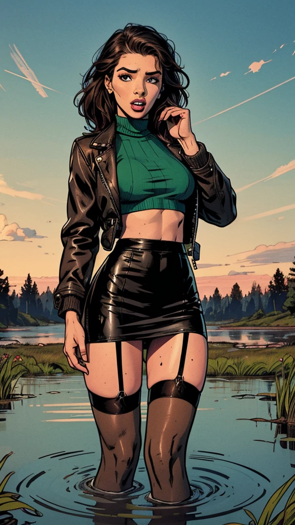 drowning in the middle of the bog, depraved, (young feminine facial features), orgasm, turtleneck, leather jacket, stockings with garters, pencil skirt, green,red, blue, morning sky