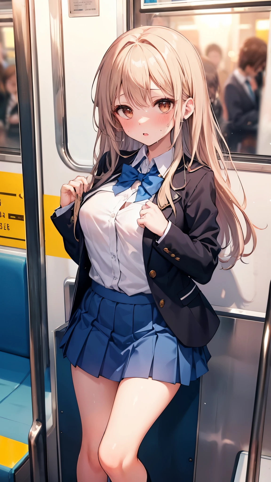 masterpiece, best quality,alisa kujou, skirt, bag, jacket, socks, looking at viewer,plaid, blazer, brown hair, plaid skirt,(white socks:1.8),(thigh-high socks:1.8),(white thigh-high socks:1.8),long sleeves, bangs, open clothes, open jacket, bow, brown eyes, pleated skirt, bowtie, day, long hair, bush, red bow, kneehighs, shirt, sleeves past wrists, backpack,red bowtie,(beige jacket:1.8), school bag,(black skirt:1.8), blurry, collared shirt, miniskirt, white shirt, cardigan, grass, sweater,(light smile:1.2),(soft-edged:1.8),(watercolor painting:1.5),(Illustration:0.8), (beautiful detailed eyes:1.9),(Fully exposed panties:1.8),(1 girl standing:1.5),nsrf,grabbing another's ass,short stature,(orgasm:0.8), BREAK lotr of people,(crowded train:1.8),(rush hour train:1.8),(man with office suit:1.7),BREAK (turn up the skirt:1.7),(shirt lift:1.7),(bra lift:1.8), (nipples:1.2), (chikan:1.9),(vaginal sex:1.5), (frying hands:1.1), (fresher:1.5),(:1.6),(curvy:1.5),(zettai ryouiki:1.8),(cute panties:1.8),(white panties:1.8),(pink panties:1.5),(white bra:1.8), (pink bra:1.5),(turn up the brassiere:1.7), (misaligned brassiere:1.5),breast slip,breasts out, BREAK breasta_on_glass,povbrestgrab,(panties shot:1.5),(up skirt:1.5), grabbing another's breast,close contact with men,cohesive,(train:1.7),(nose blush),(open clothes:1.3),(disordered shirt:1.1),(undressing:1.5), BREAK (from below:1.8),(cowboy shot:1.9),(dynamic angle:1.8),looking down,(spread legs:1.5),(back shot:1.8),BREAK