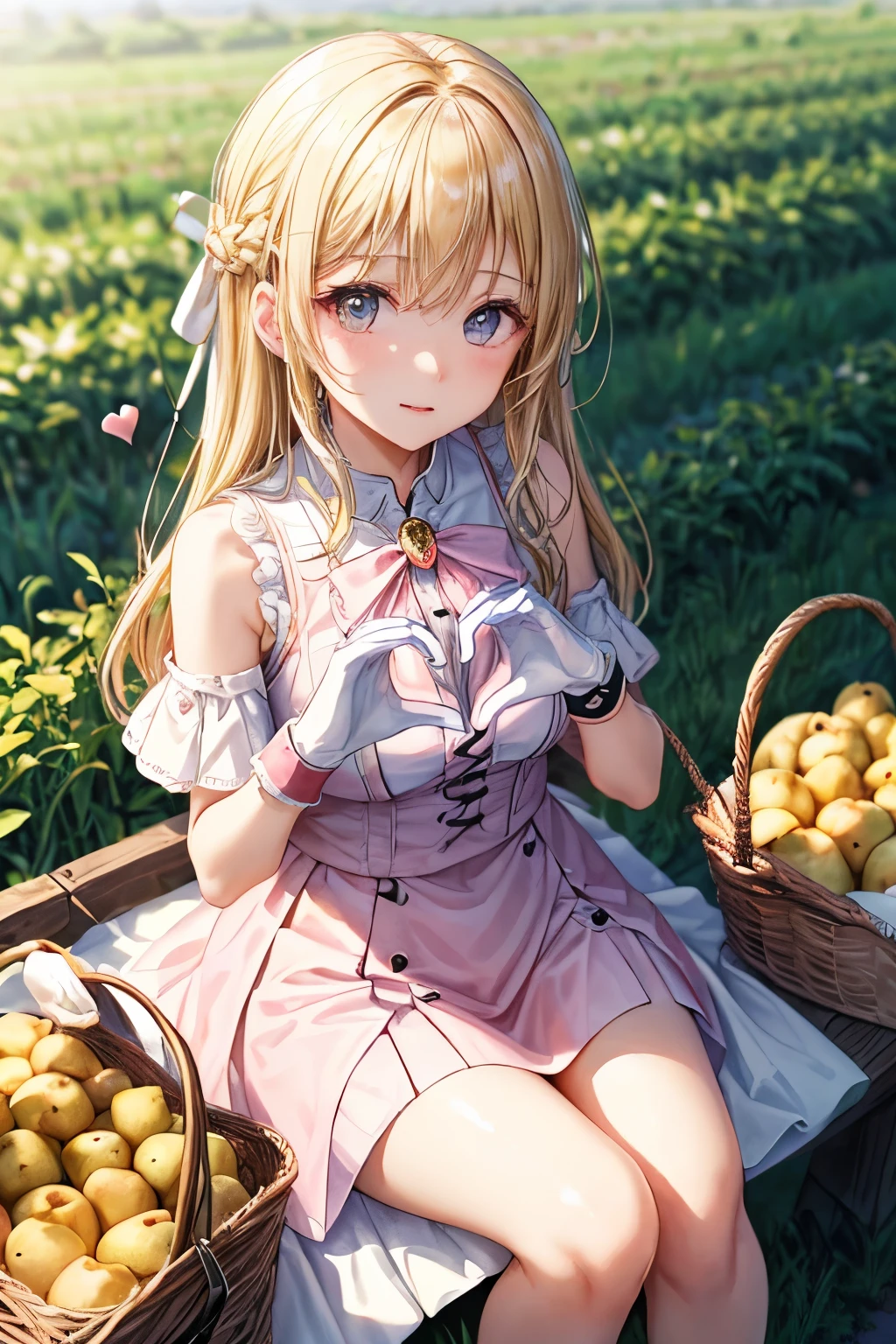 (heart shaped hands:1.3), potato field in the background, Basket of freshly picked potatoes, high quality, best image quality, masterpiece, girl((18-year-old, By becoming、vest bust、medium bust,wide open breast tea、shining eyes, glowing , blonde hair、long hair 、blonde eyes 、thin,highest valley、、white pink ribbon dress that shows shoulders suite、short skirt、Wristband、white gloves、Tsundere、rotate)),high quality、beautiful art、movie、visual art、perfect art、8K,genuine、gold brooch,