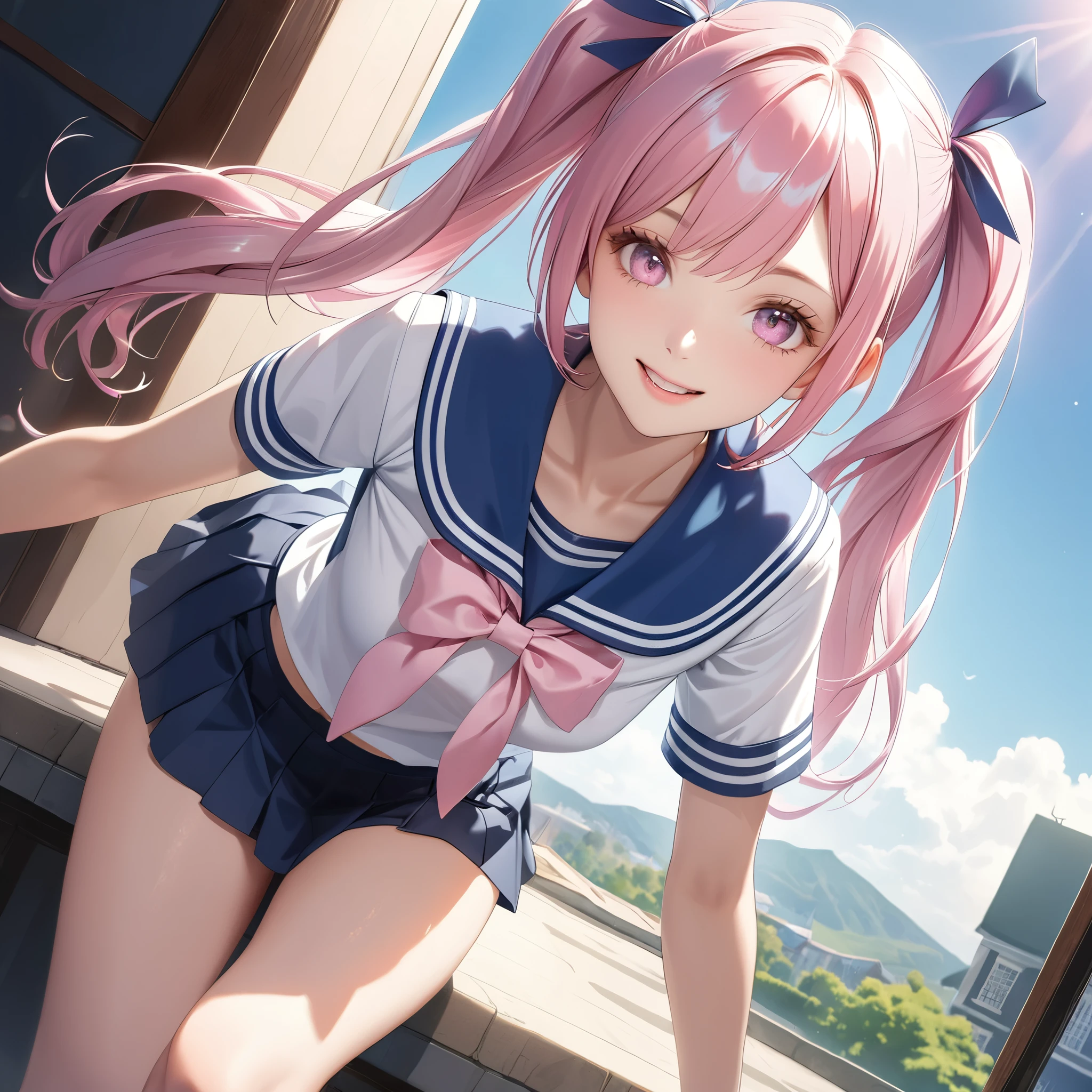 (8K, masutepiece, Best Quality, Official art, beautiful detailed, beautiful lighting, best masterpiece in history that exceeds limits), (1 Girl, Solo), (sixteen years old), (beautiful detailed face), (shiny white skin), (Beautiful big bust:1.3), (thighs, navel), (beautiful detailed pink twin tails hair, Bangs:1.3), (beautiful detailed drooping pink eyes:1.5), (high school uniform:1.3), (patsel blue sailor collar, white short sleeves short length outing shirt, pastel blue pleated skirt, patsel blue ribbon:1.3), (happy smile:1.2), (Attractive, Look at the camera, cute pose), breathtaking scenery, (ultra detailed realistic Beautiful high school, study, blue sky:1.2),