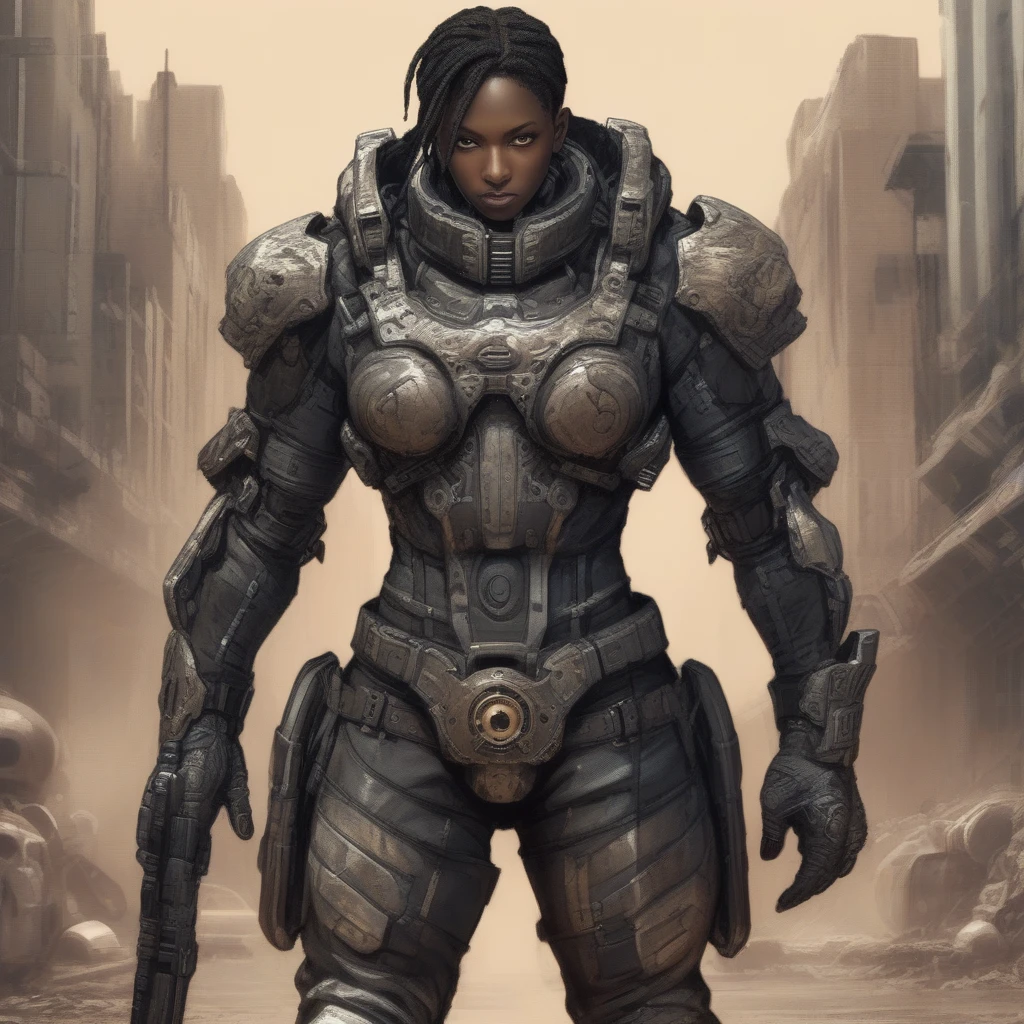 (((nsfw, desenho de linha, Desenho em aquarela, melhor qualidade, Ultra Detalhado, parte mestre, 1 mulher negra de 21 anos, pele negra, corpo inteiro, corpo magro, Gears of War sci-fi style NSFW hunt))), ((1 mulher negra de 21 anos, pele negra, cabelo dreadlock, rosto bonito, rosto bem desenhado, symmetricalal face, detailed hands, well designed hands, symmetrical eyes, corpo magro: 1.2, science fiction soldier, Usando nsfw Armor Sci-Fi, corpo magro esbelto, corpo inteiro)), dynamic pose, Pose de combate, motor ureal 5, 8K, drama ao vivo, apocalyptic cityscape, proporcional, symmetrical, golden ratio, art station, Velhaco, dynamic combat pose, steampunk